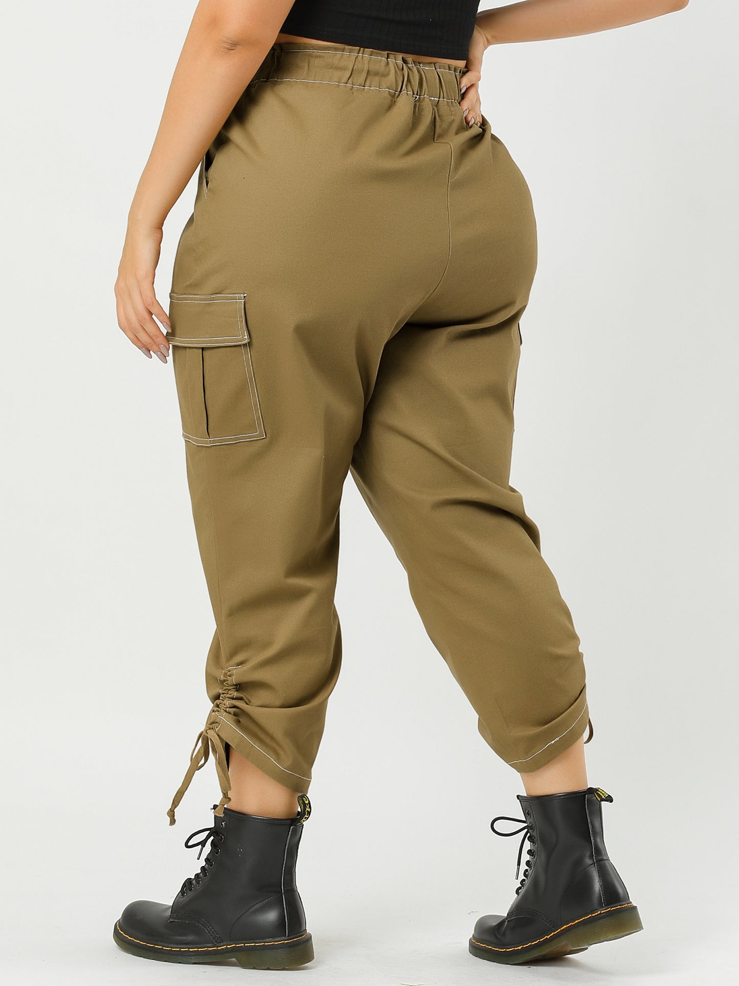 Women's Plus Size Drawstring Elastic Waist Cargo Pants with Pocket