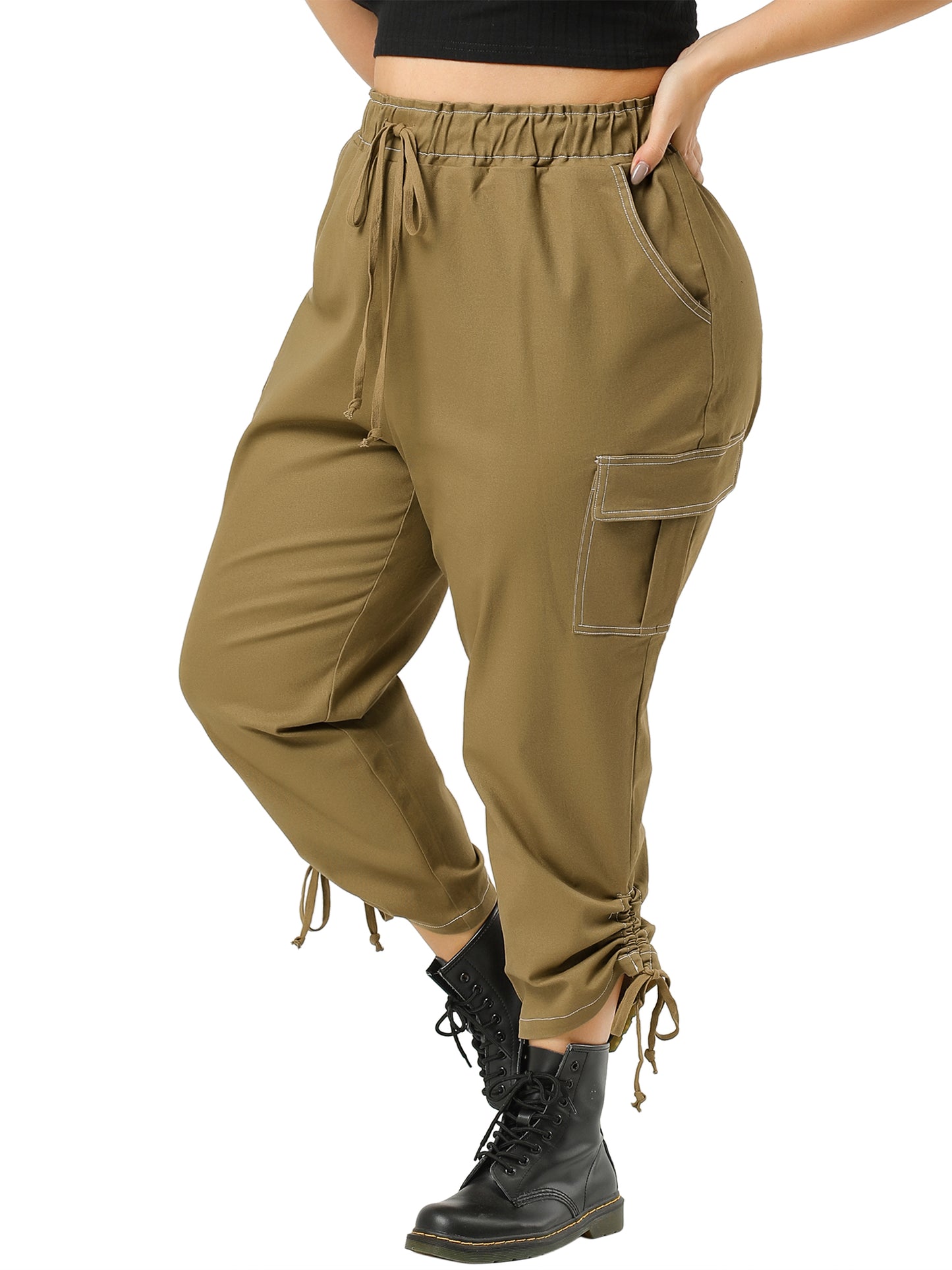 Women's Plus Size Drawstring Elastic Waist Cargo Pants with Pocket