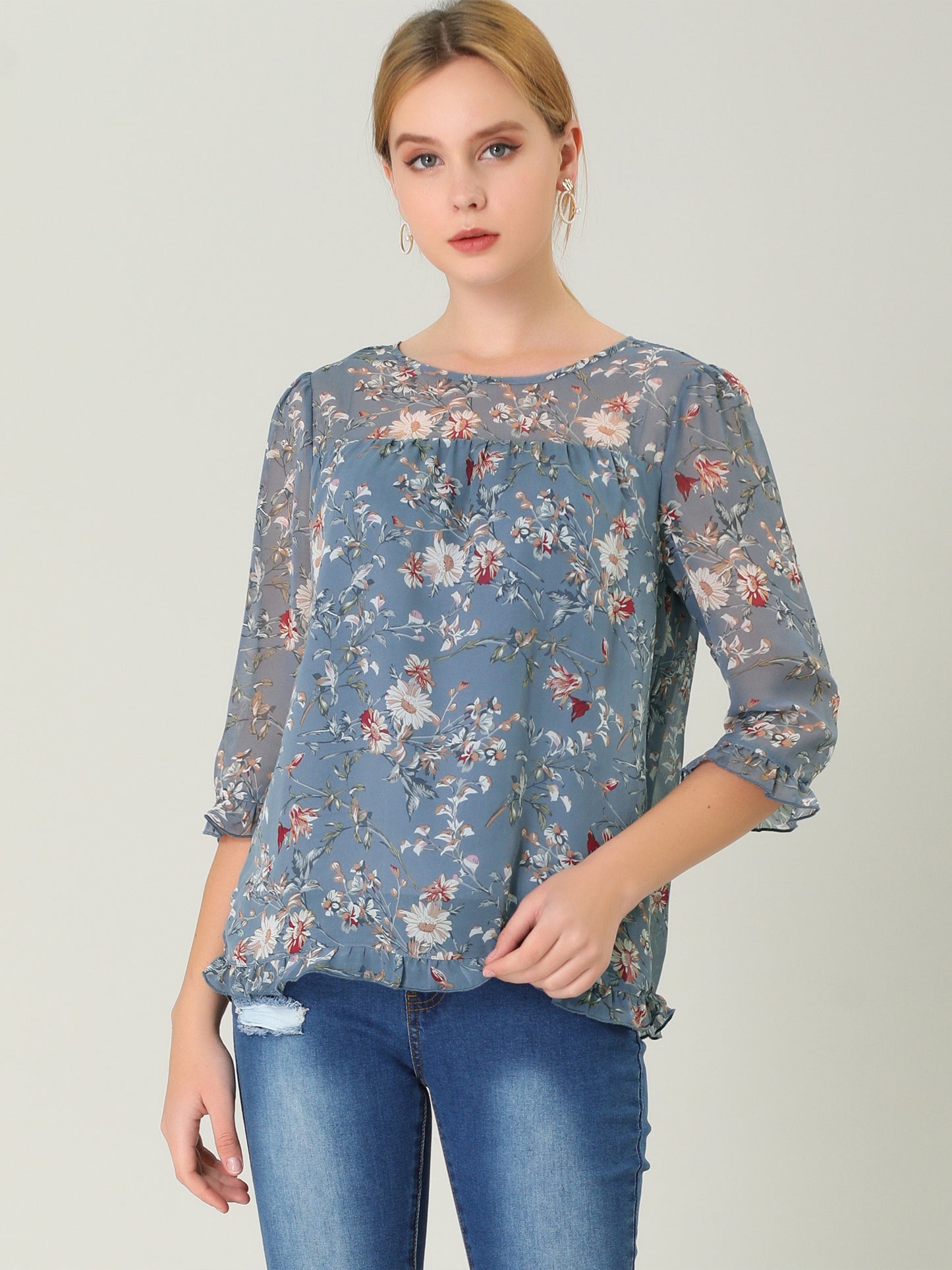 Women's Casual Ruffle 3/4 Sleeve Floral Print Chiffon Blouse (Available in Plus Size)