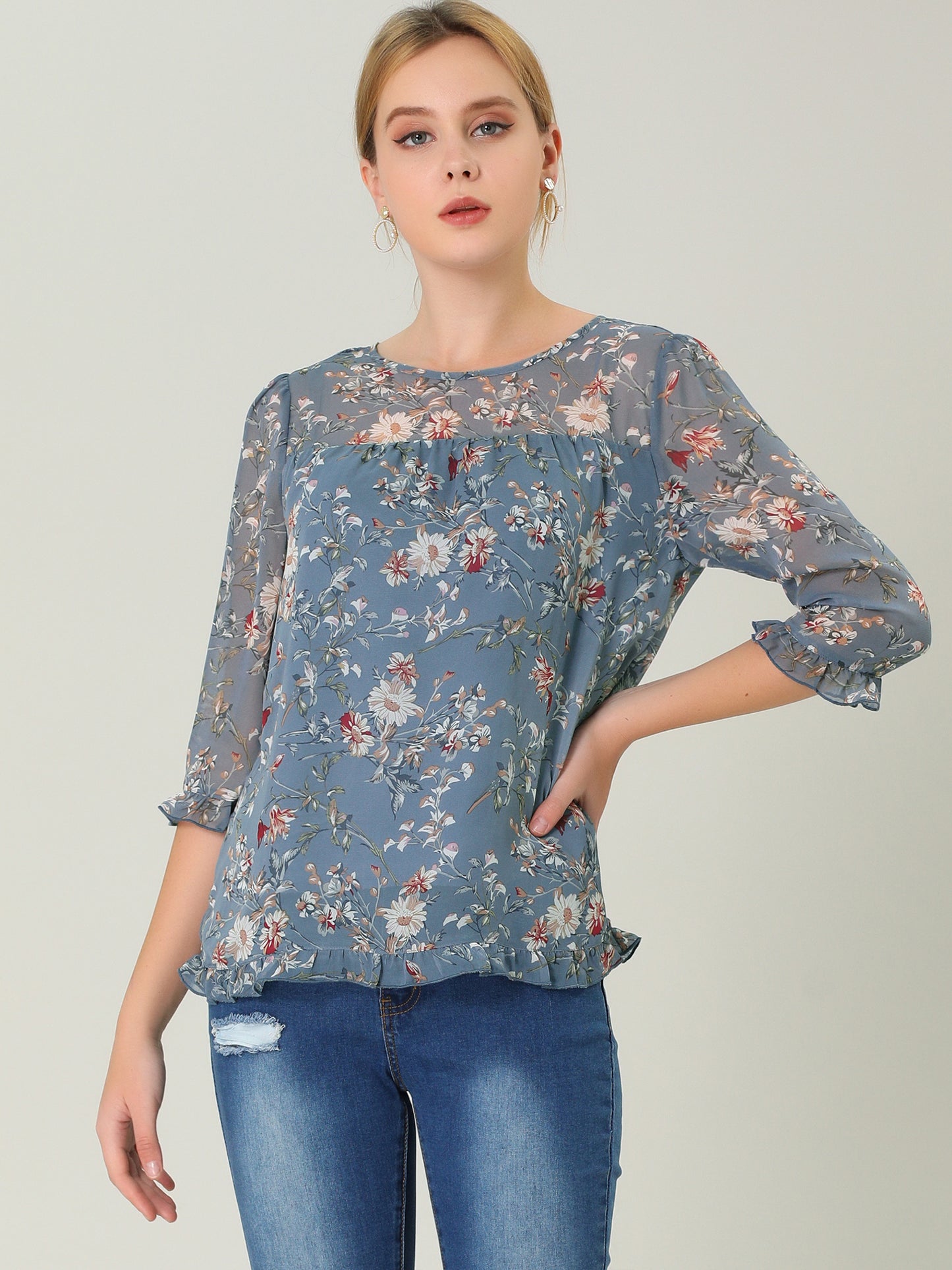 Women's Casual Ruffle 3/4 Sleeve Floral Print Chiffon Blouse (Available in Plus Size)
