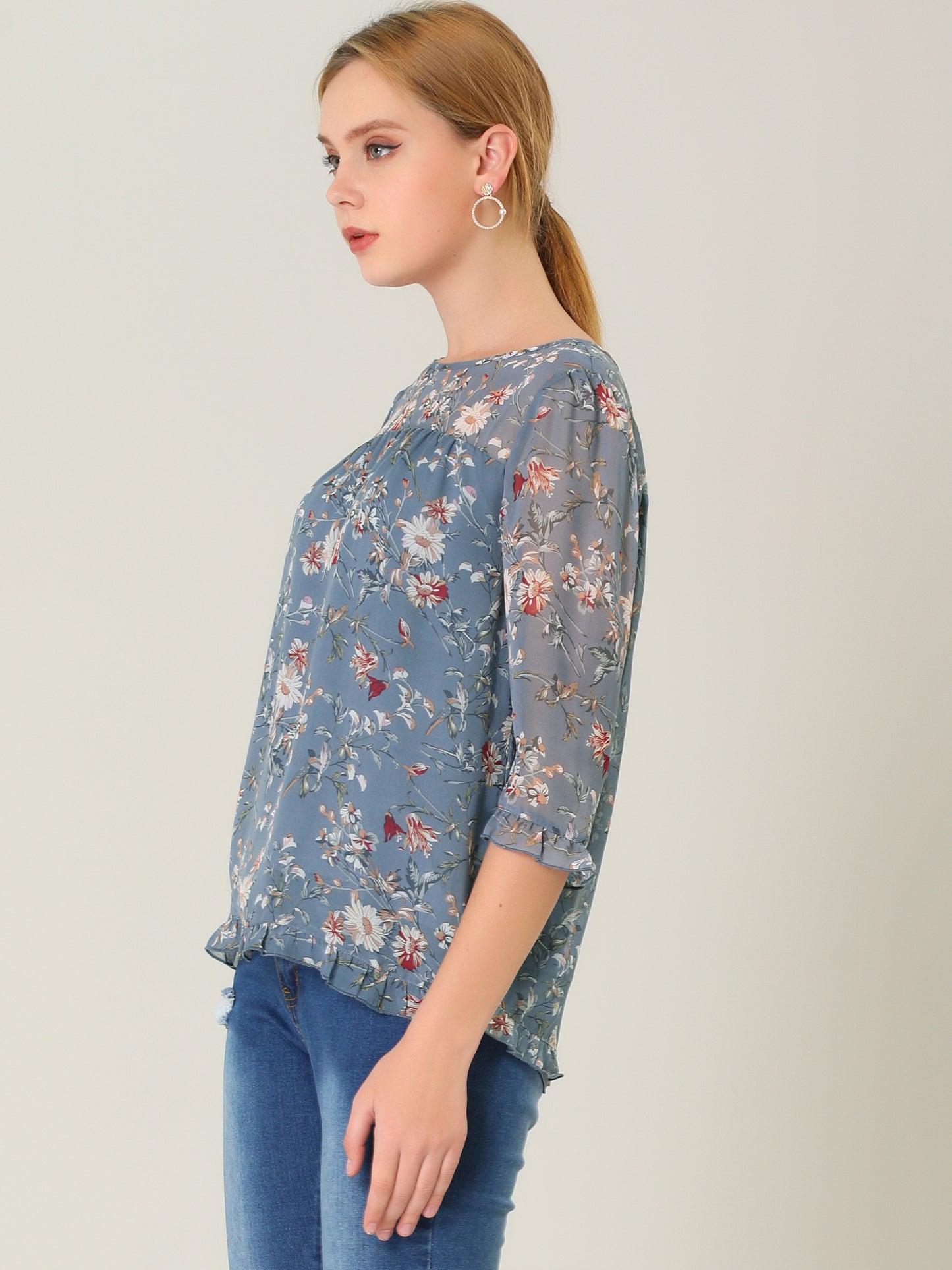 Women's Casual Ruffle 3/4 Sleeve Floral Print Chiffon Blouse (Available in Plus Size)