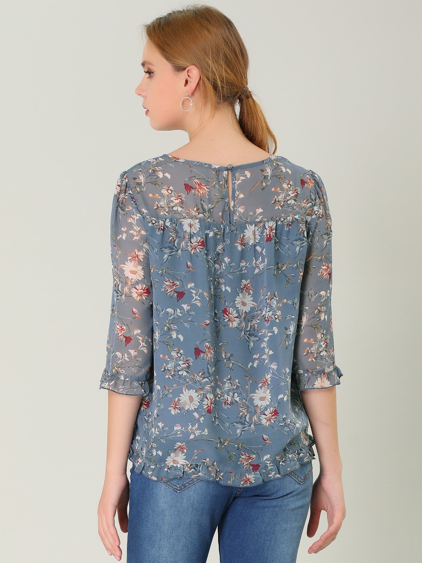 Women's Casual Ruffle 3/4 Sleeve Floral Print Chiffon Blouse (Available in Plus Size)