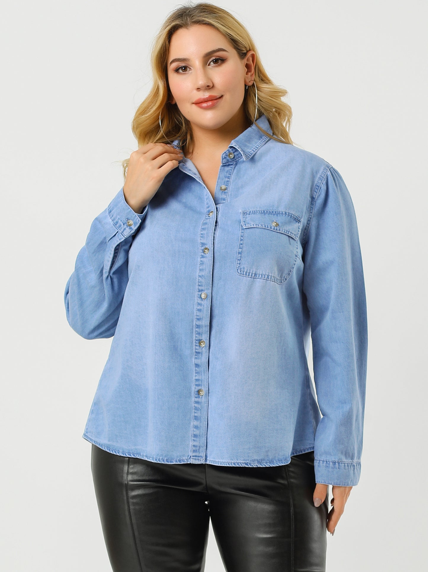 Women's Plus Size Button Down Long Sleeve Chest Pocket Chambray Shirt