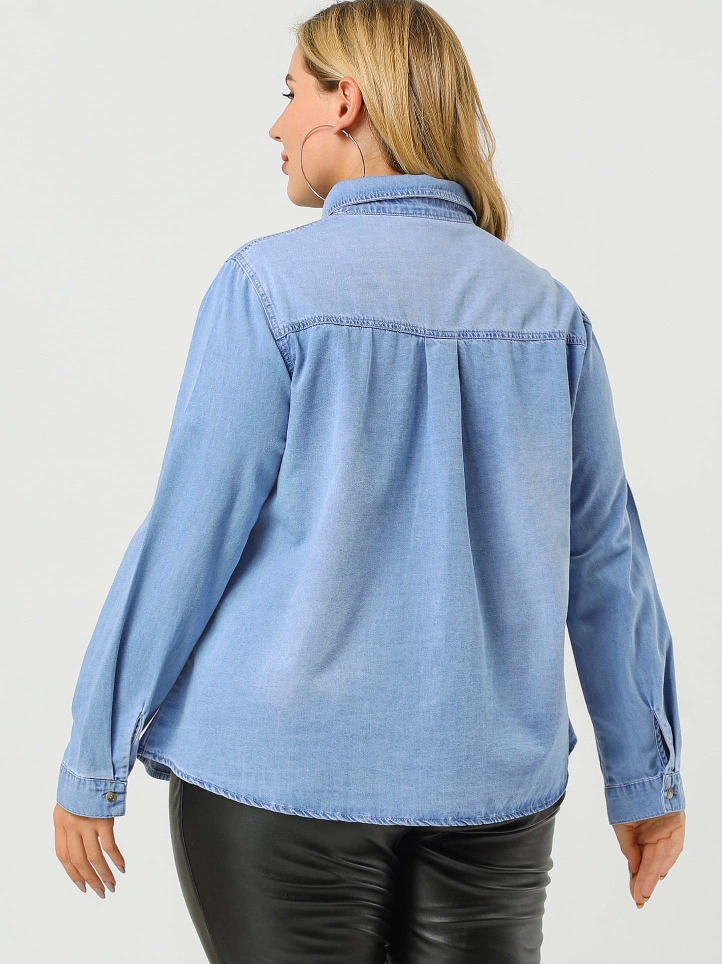 Women's Plus Size Button Down Long Sleeve Chest Pocket Chambray Shirt