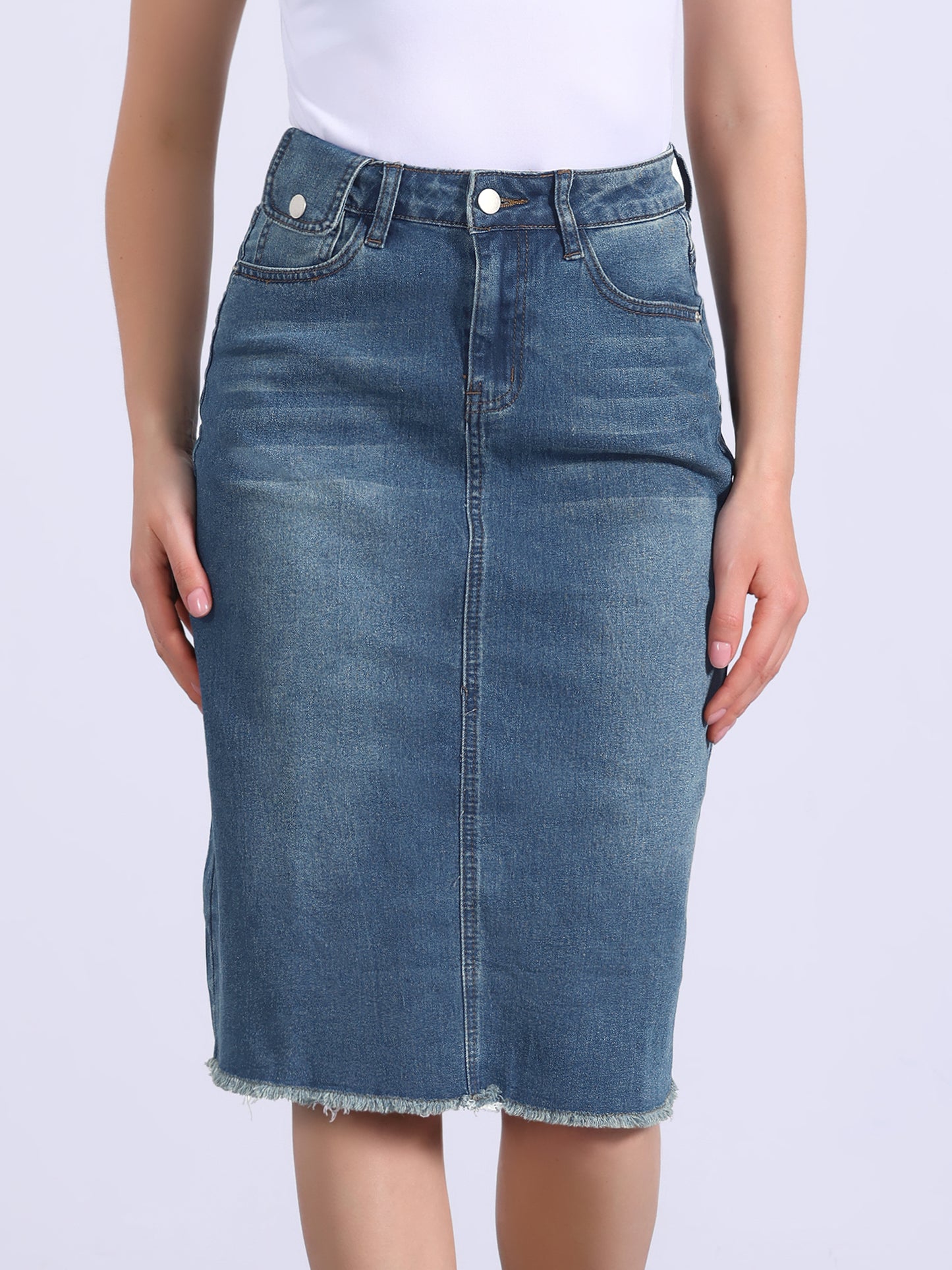 Women's Casual Jean Skirt High Waist Back Slit Stretch Denim Skirt (Available in Plus Size)