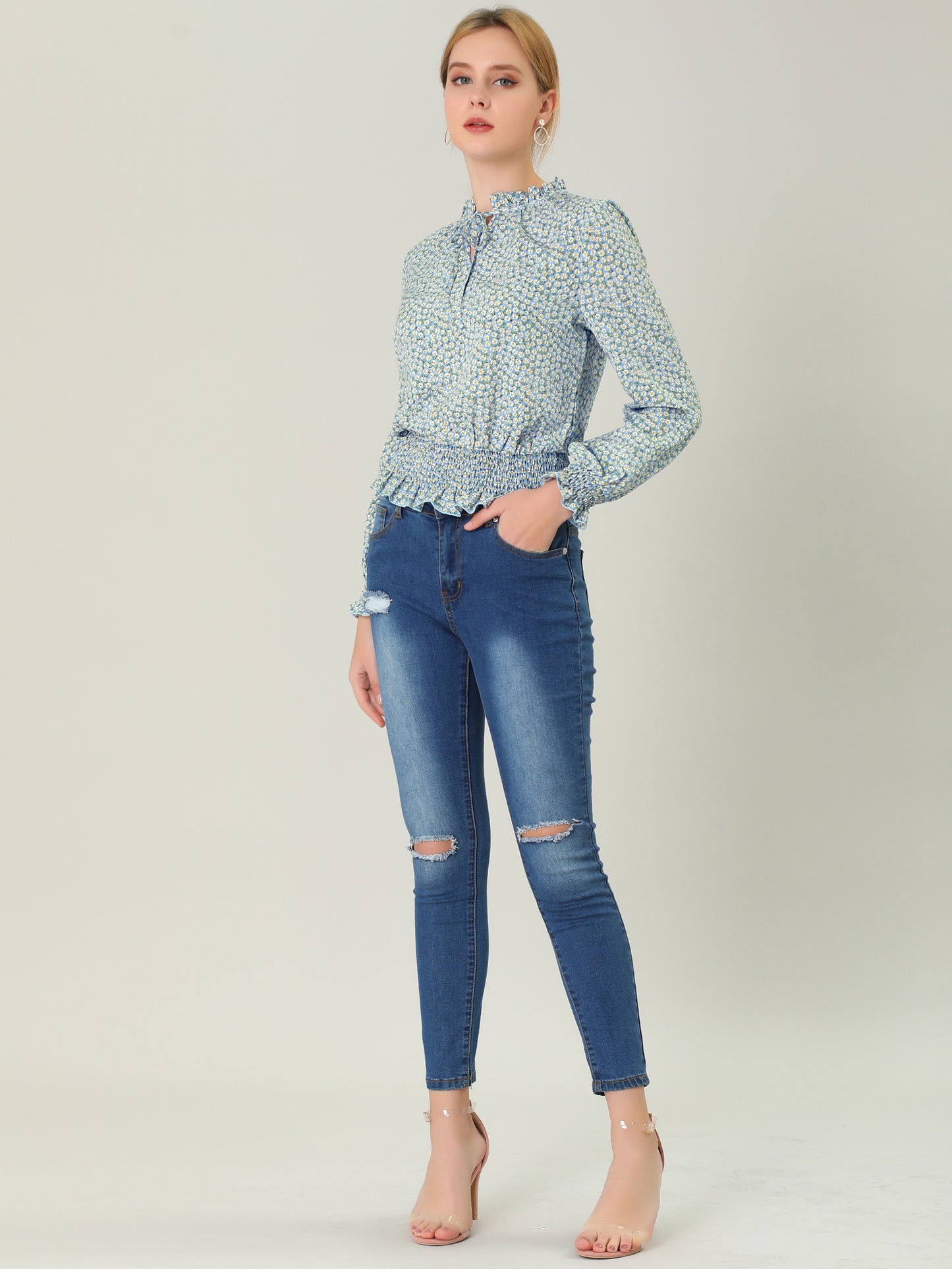 Women's Ruffle Neck Long Sleeve Cropped Smocked Floral Blouse