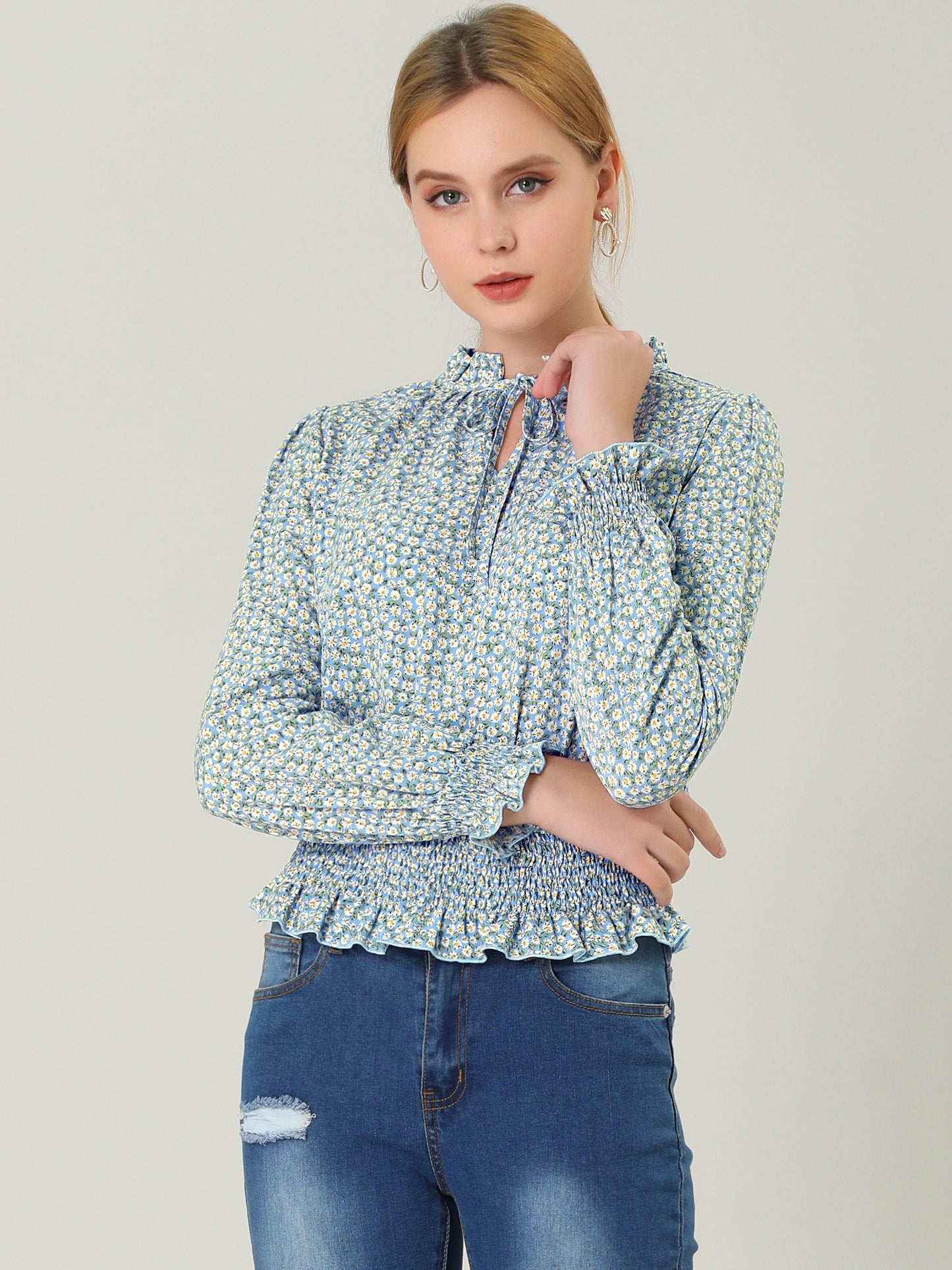 Women's Ruffle Neck Long Sleeve Cropped Smocked Floral Blouse