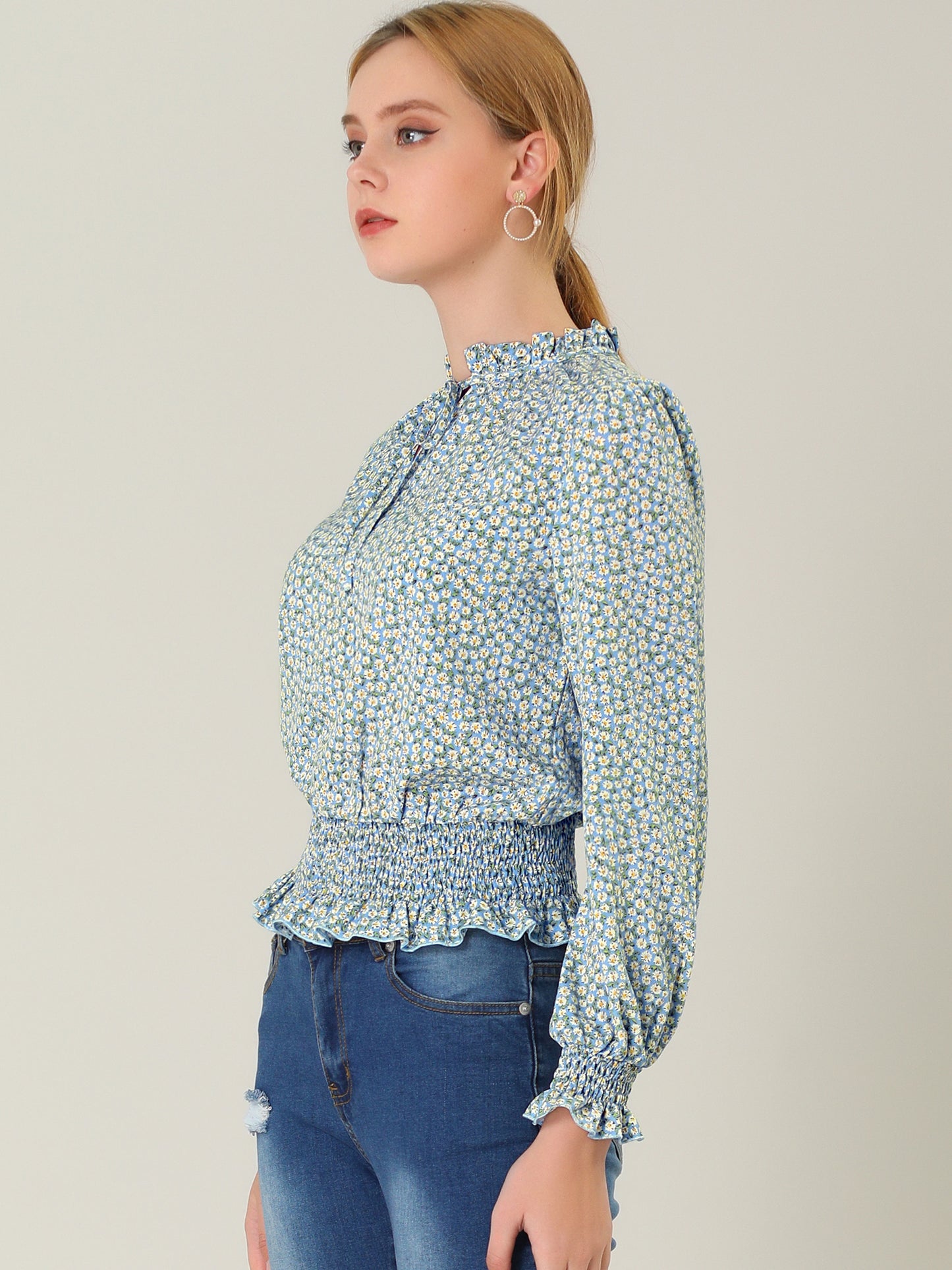 Women's Ruffle Neck Long Sleeve Cropped Smocked Floral Blouse