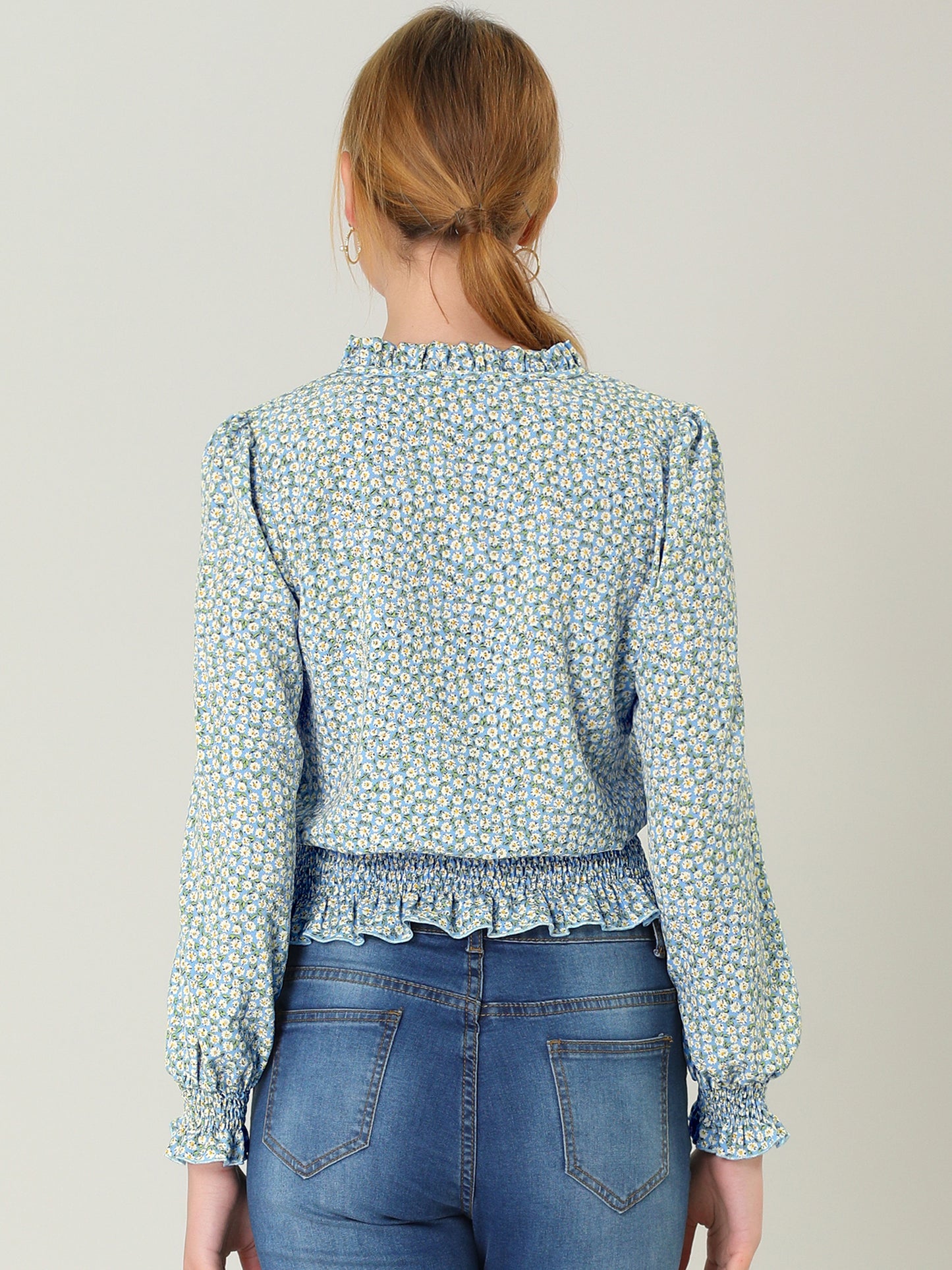 Women's Ruffle Neck Long Sleeve Cropped Smocked Floral Blouse
