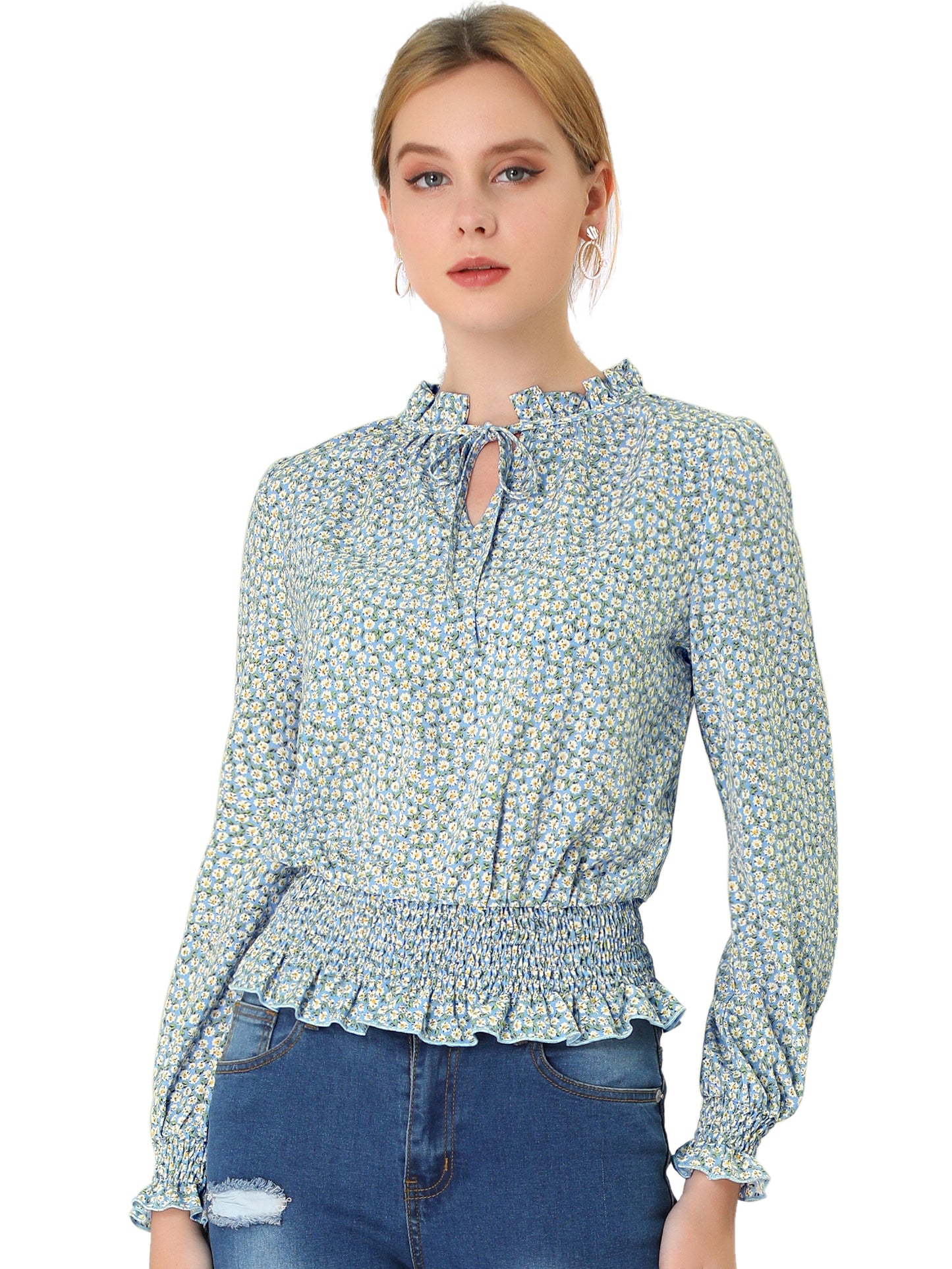 Women's Ruffle Neck Long Sleeve Cropped Smocked Floral Blouse