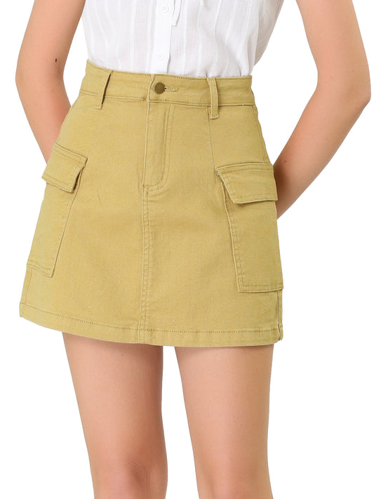 Women's Mini Skirt Juniors Flap Pockets High Waist Cargo Short Denim Skirt