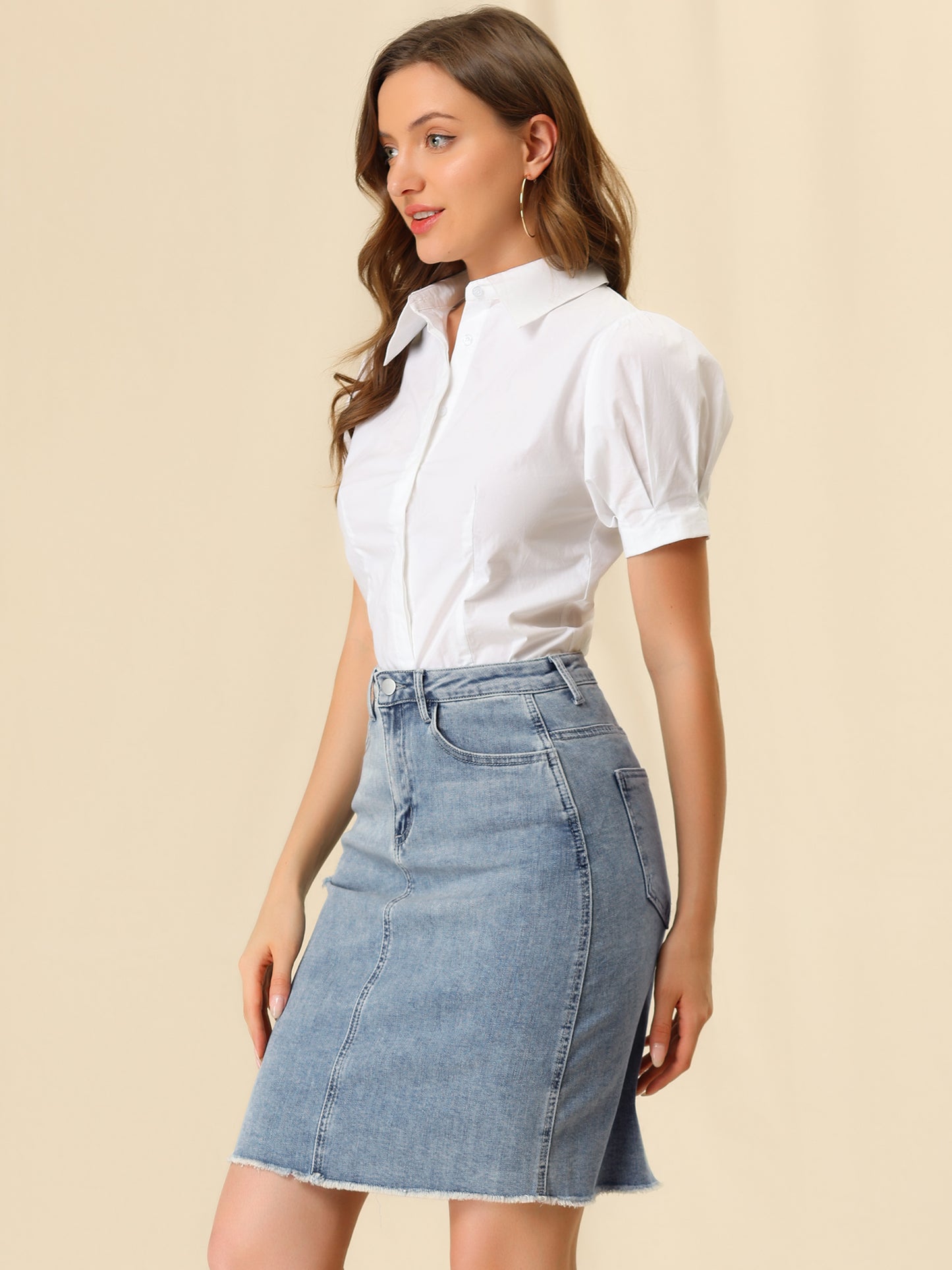 Women's Basic Distressed High Waist Ripped Hem Washed Jeans Denim Skirt (Available in Plus Size)