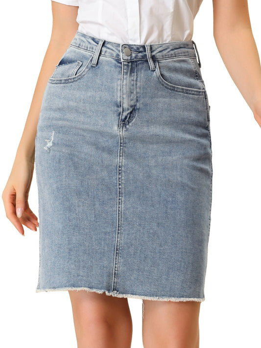 Women's Basic Distressed High Waist Ripped Hem Washed Jeans Denim Skirt (Available in Plus Size)