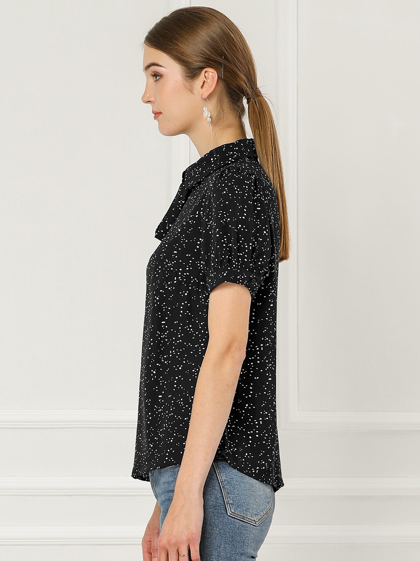 Women's Retro Printed Bow Tie Peter Pan Collar Chiffon Blouse Shirt