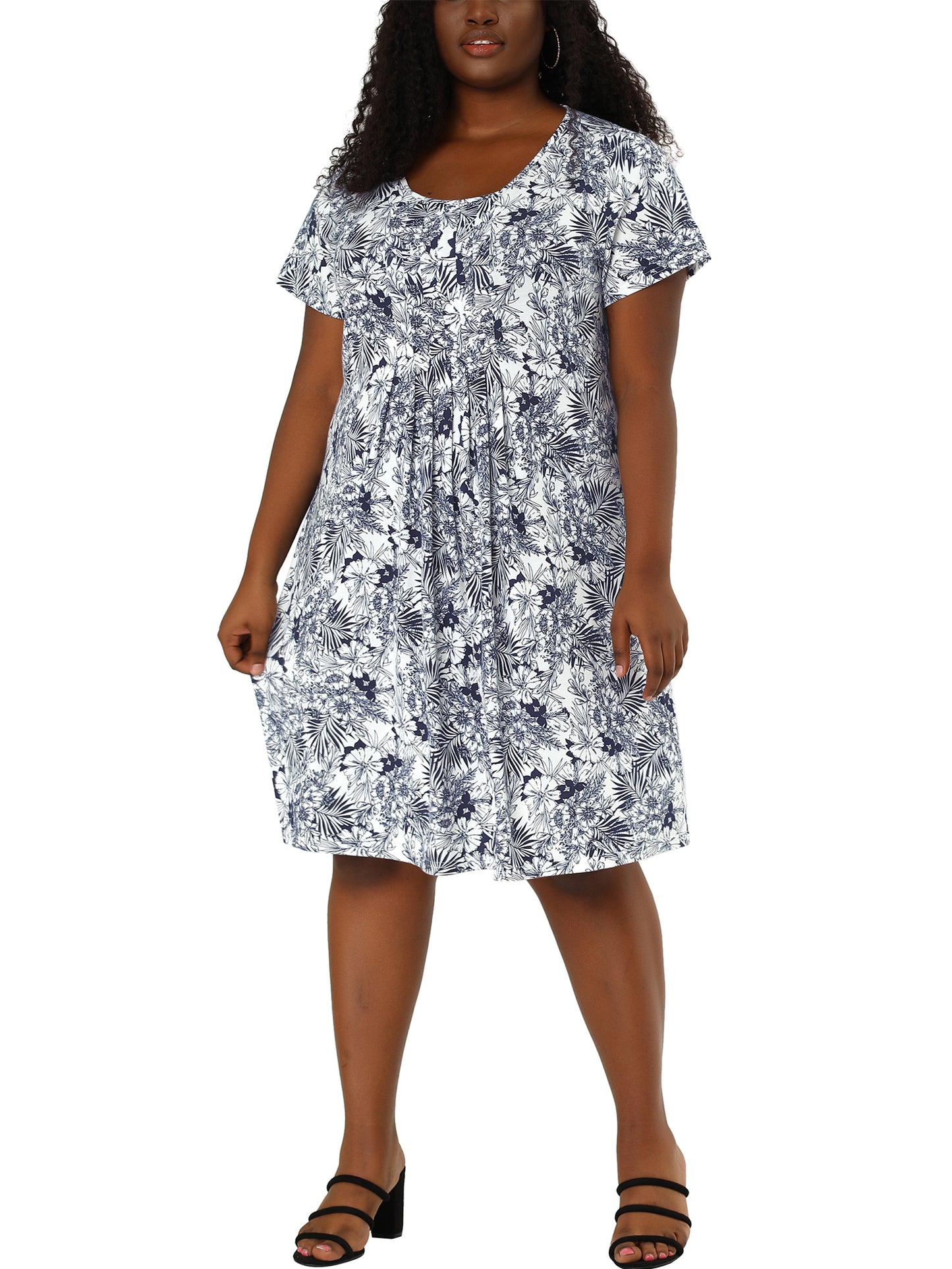 Women Plus Size Short Sleeves Pleated Summer Casual Loose Floral Dress