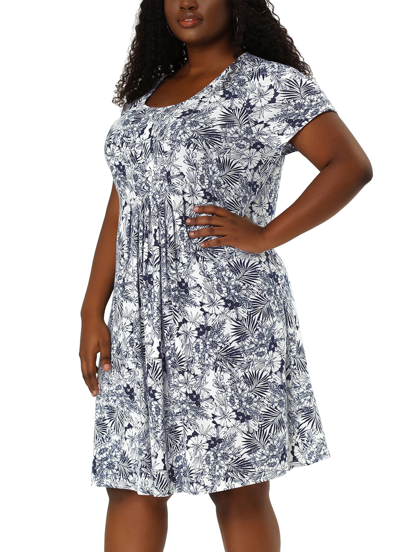 Women Plus Size Short Sleeves Pleated Summer Casual Loose Floral Dress