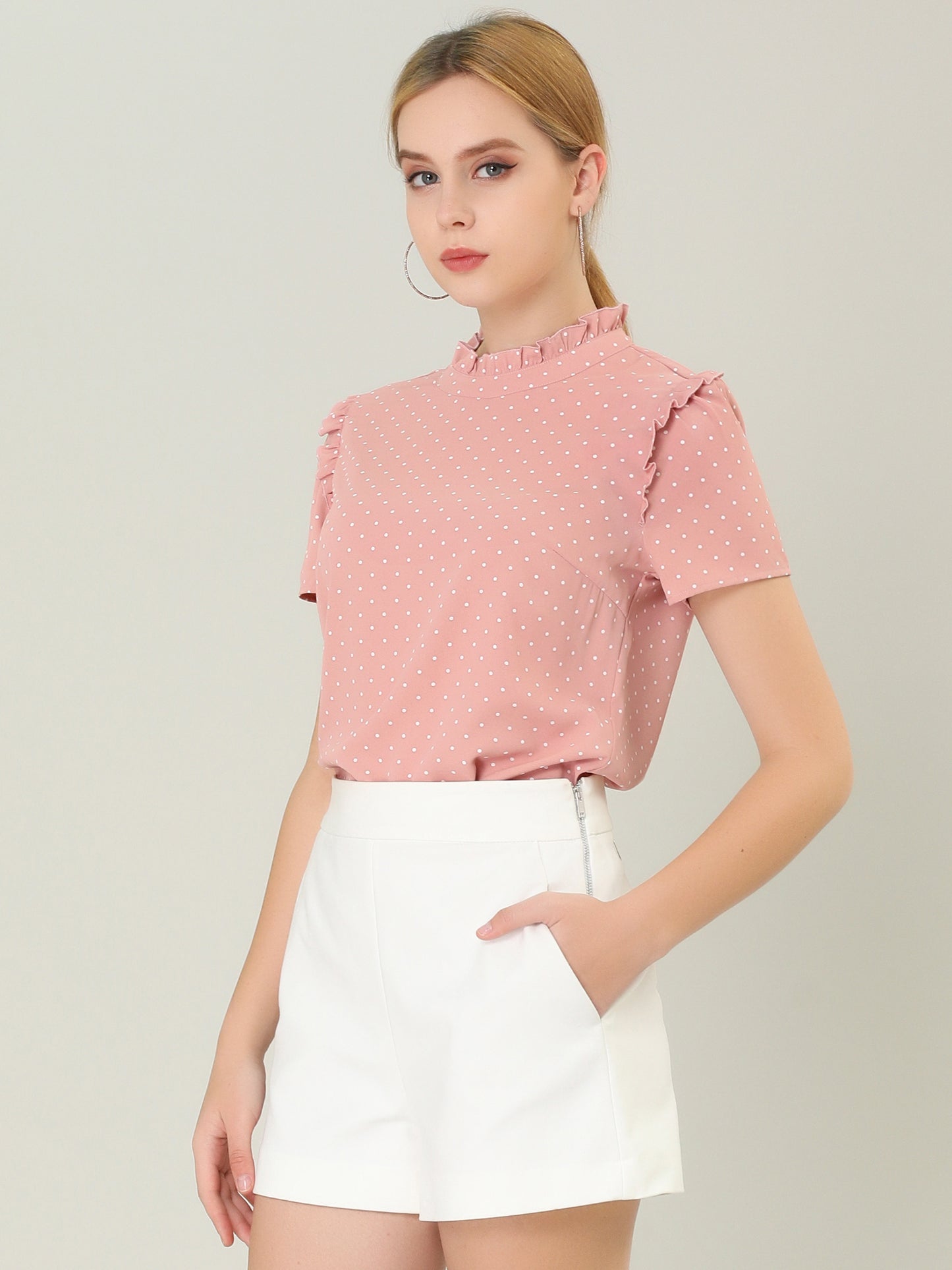 Women's Ruffled Retro Short Sleeve Polka Dots Blouse