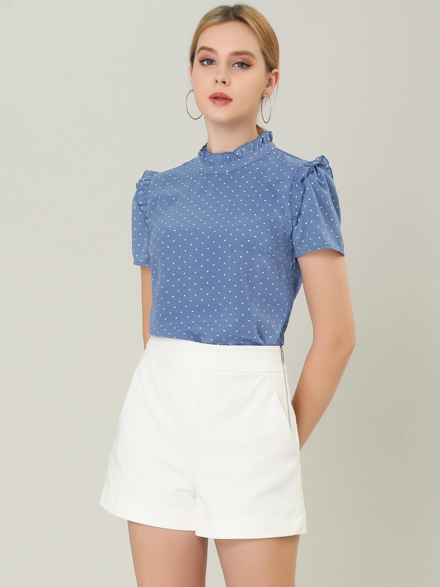 Women's Ruffled Retro Short Sleeve Polka Dots Blouse