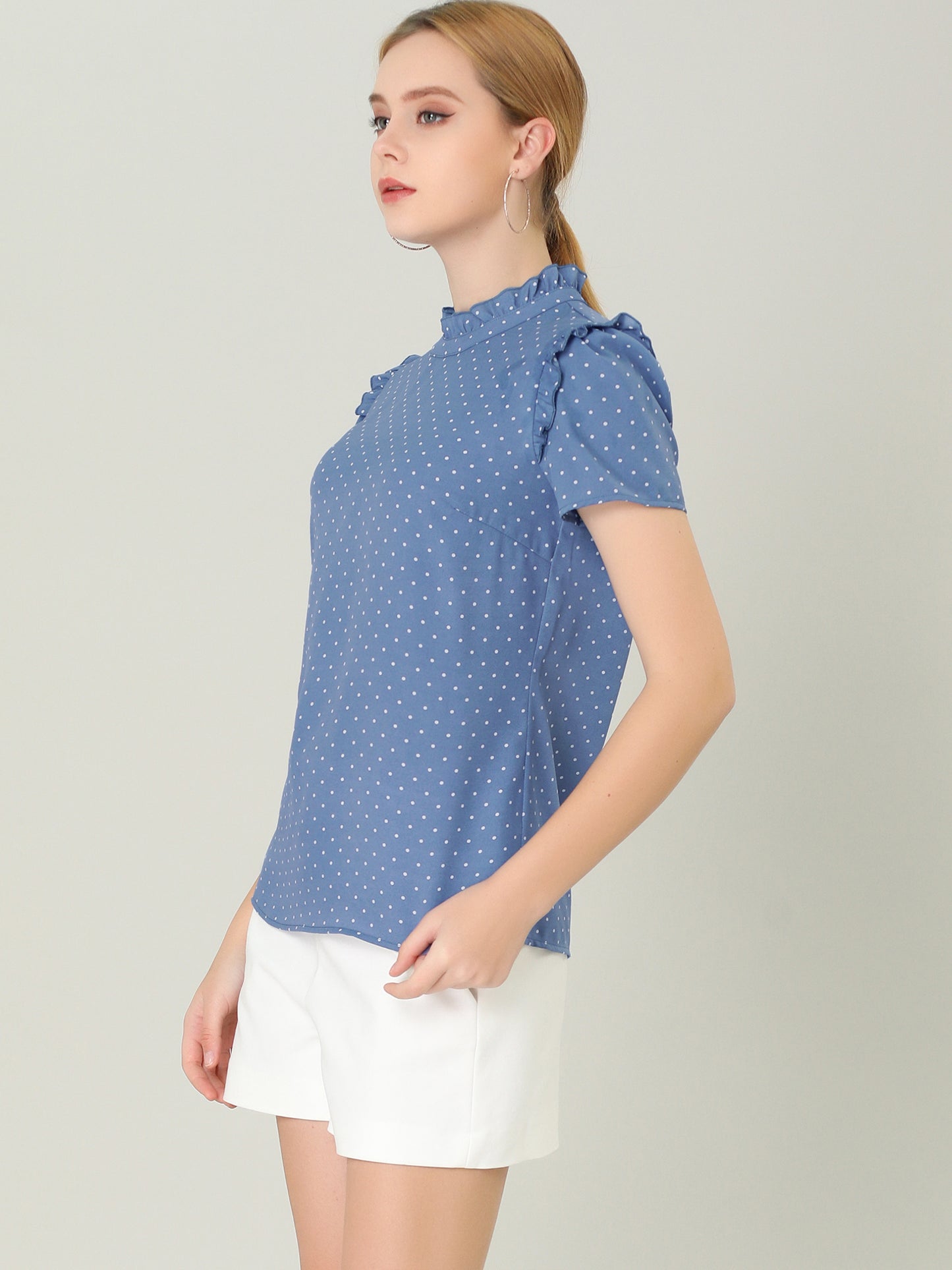 Women's Ruffled Retro Short Sleeve Polka Dots Blouse