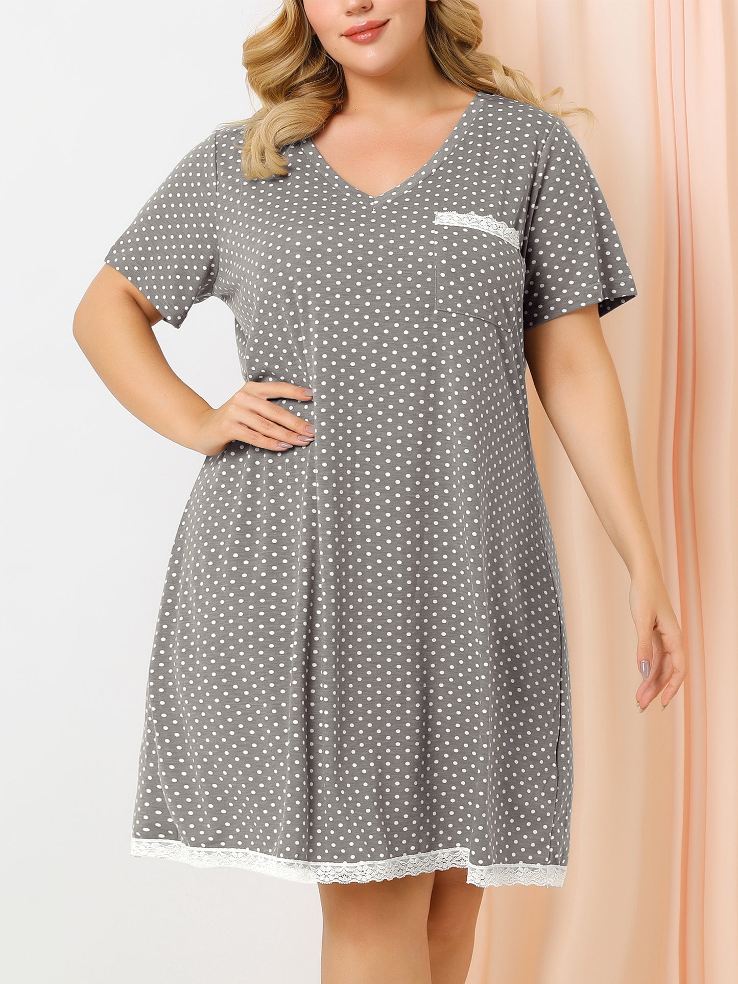 Camisón de talla grande para mujer, ropa de dormir, camisón de manga corta con ribete de encaje, vestido de pijama