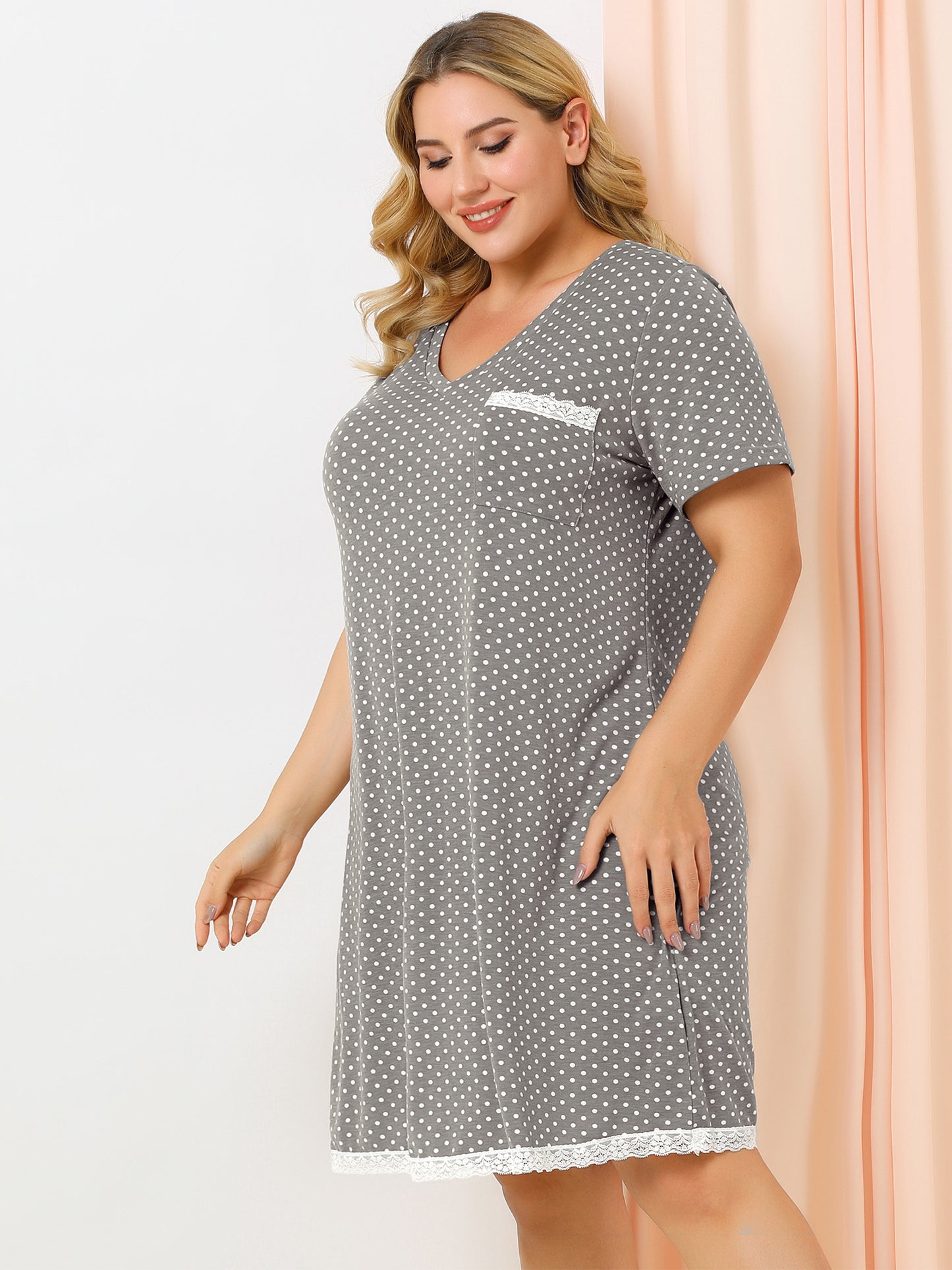 Camisón de talla grande para mujer, ropa de dormir, camisón de manga corta con ribete de encaje, vestido de pijama