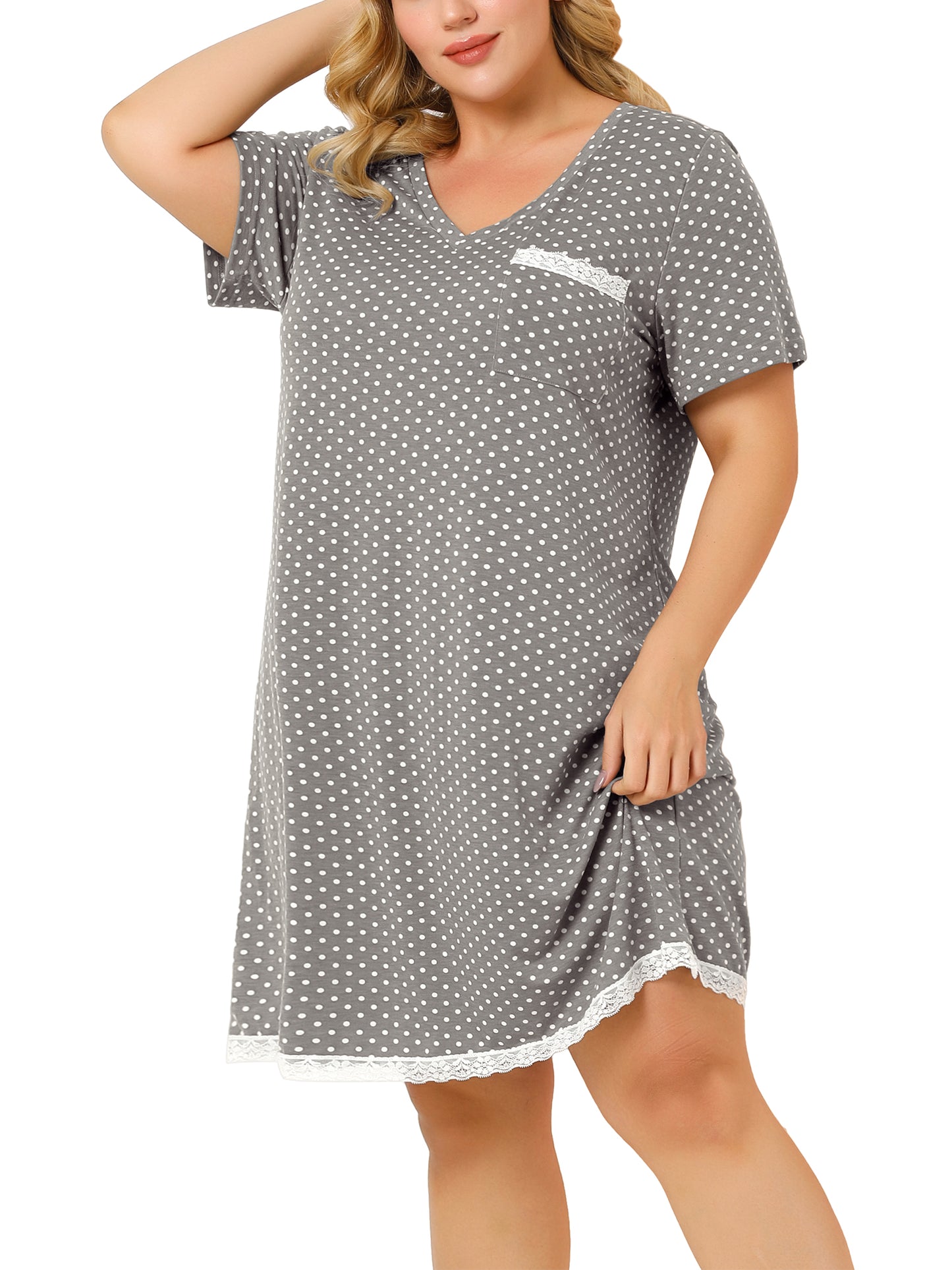 Camisón de talla grande para mujer, ropa de dormir, camisón de manga corta con ribete de encaje, vestido de pijama