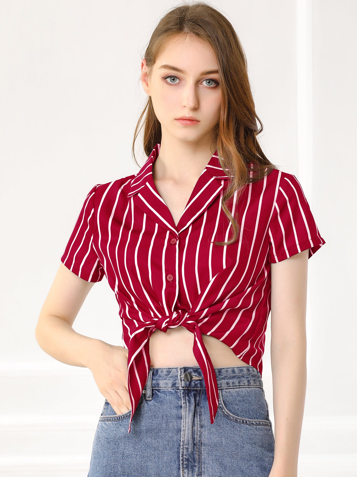 Women's Retro Striped Button Up Short Sleeve Tie Front Crop Shirt
