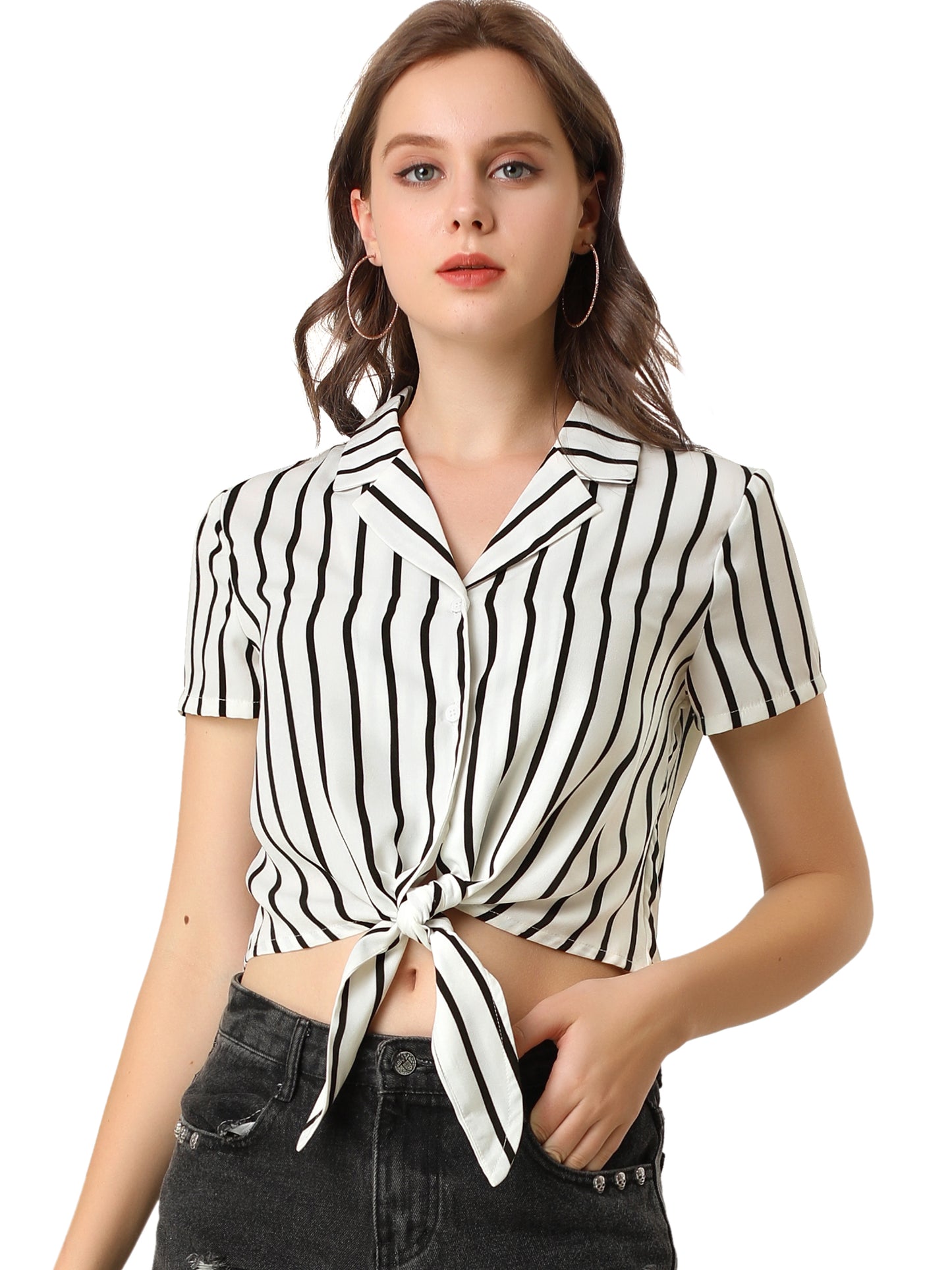 Women's Retro Striped Button Up Short Sleeve Tie Front Crop Shirt