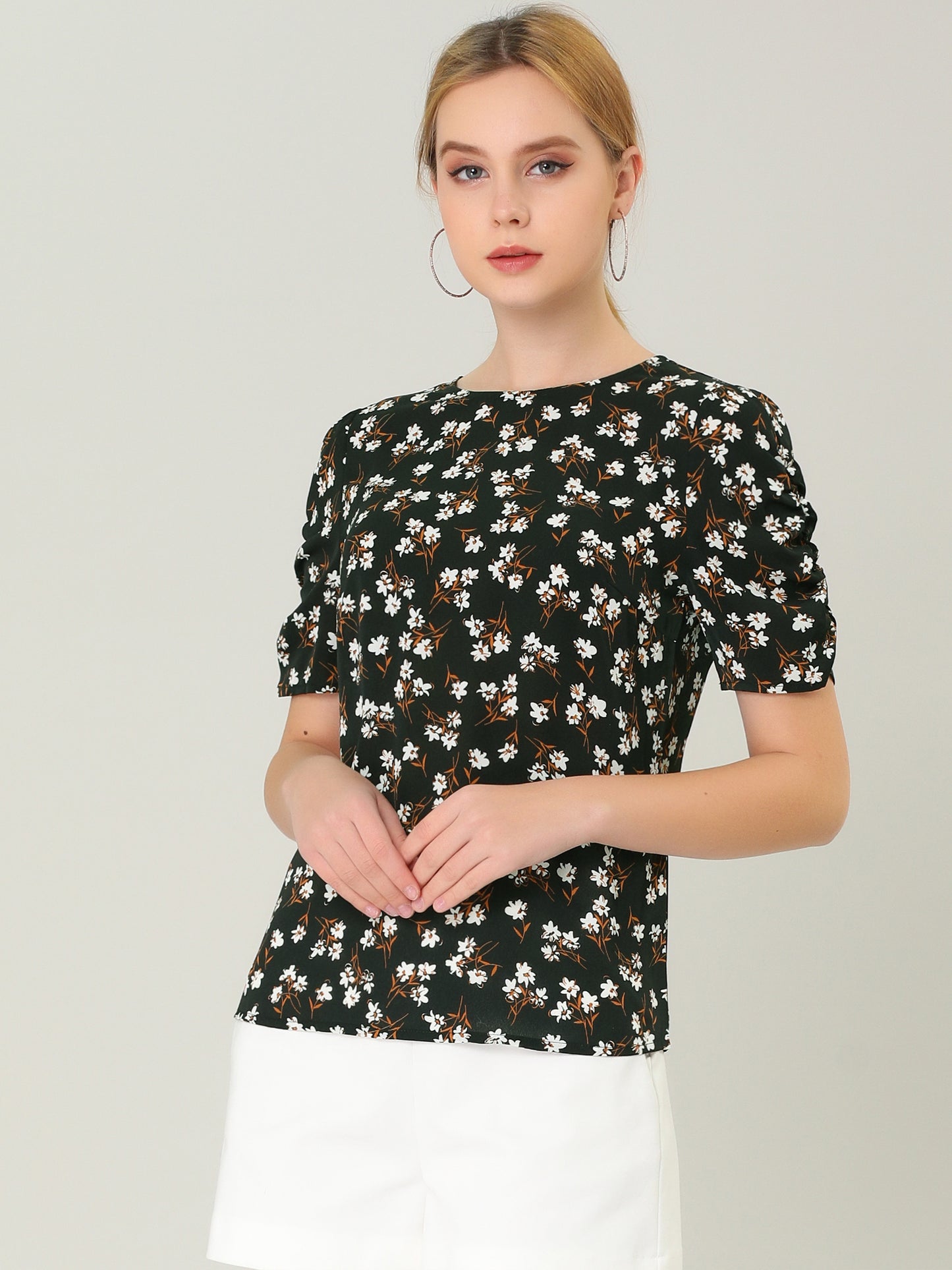 Women's Floral Crew Neck Summer Shirred Short Sleeve Blouse