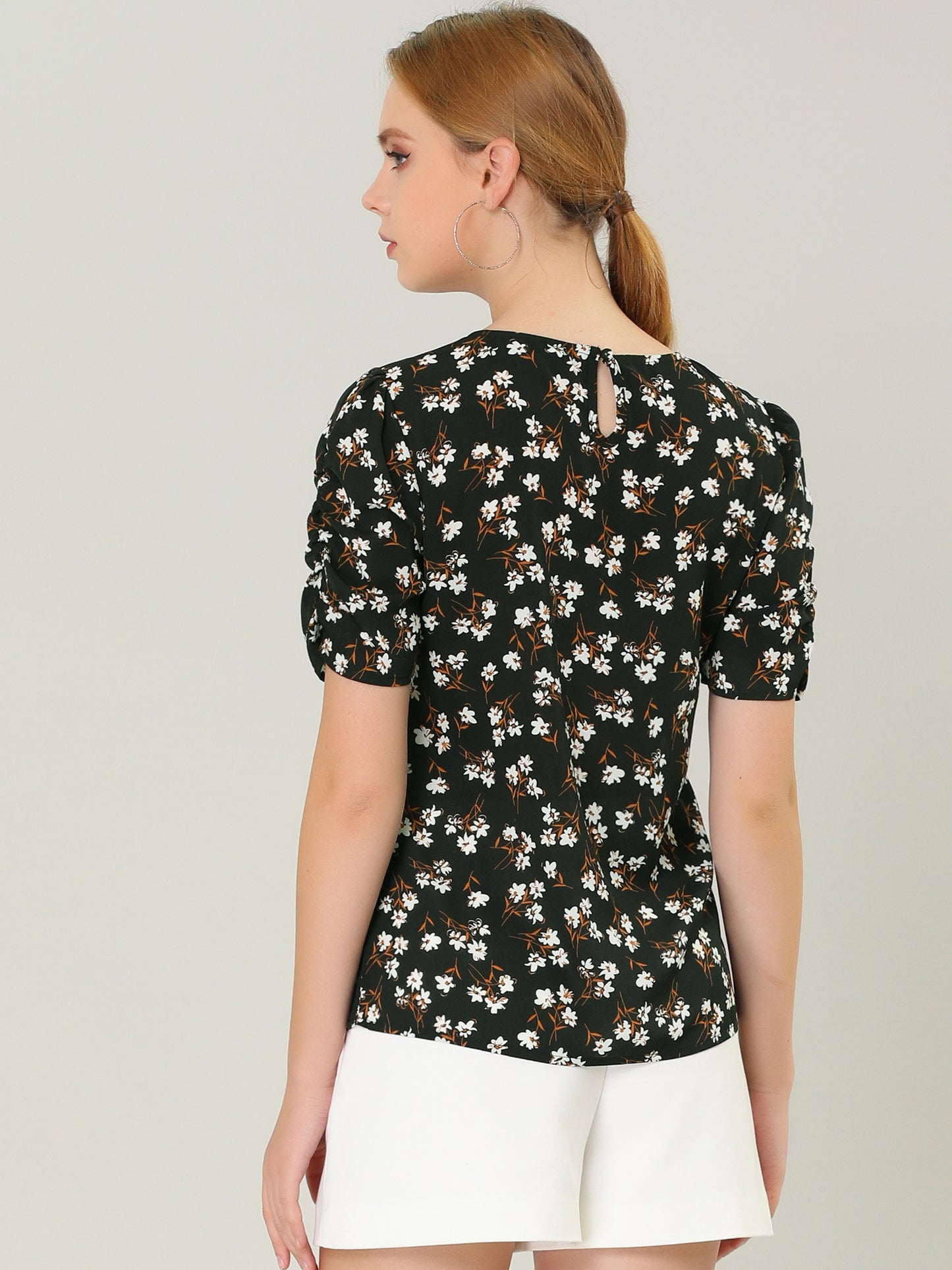 Women's Floral Crew Neck Summer Shirred Short Sleeve Blouse
