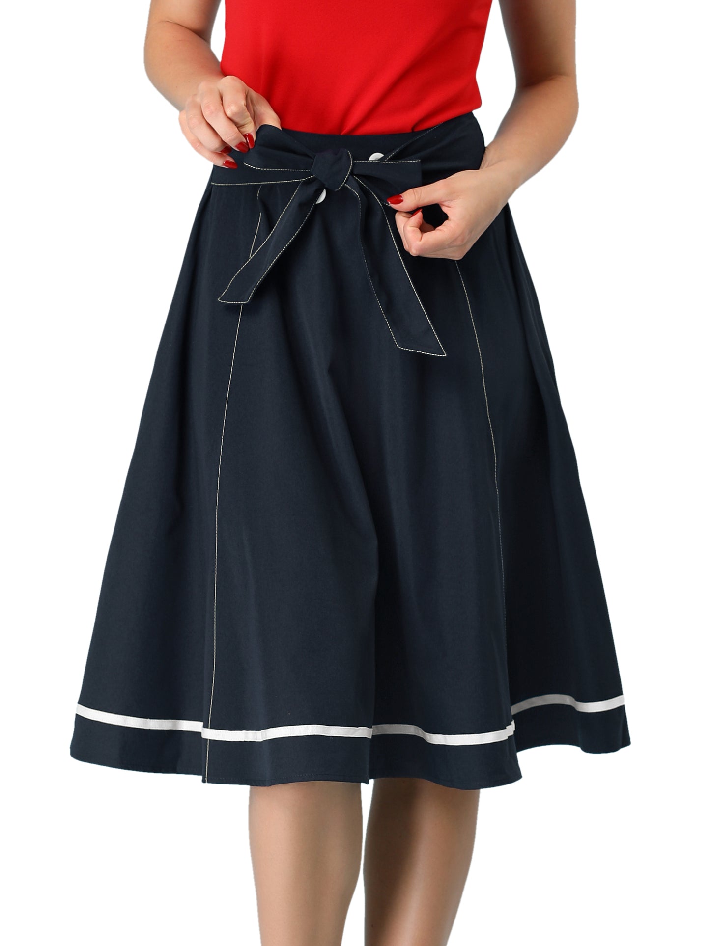 Falda elegante acampanada para mujer con lazo en la cintura y botones decorativos en contraste. Falda de corte A.