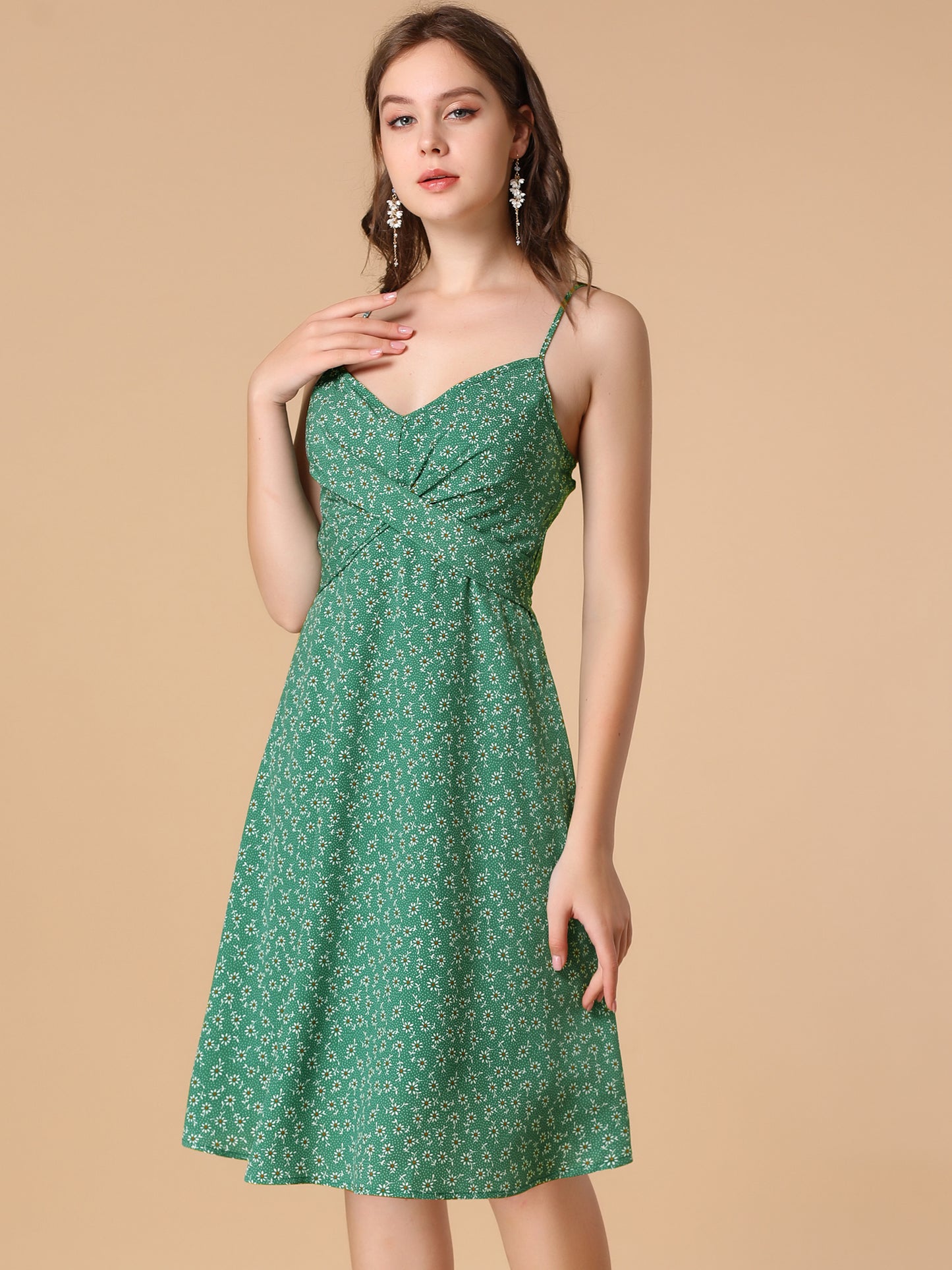 Women's Floral Twist Front Knee Length Adjustable Strap Summer Dress