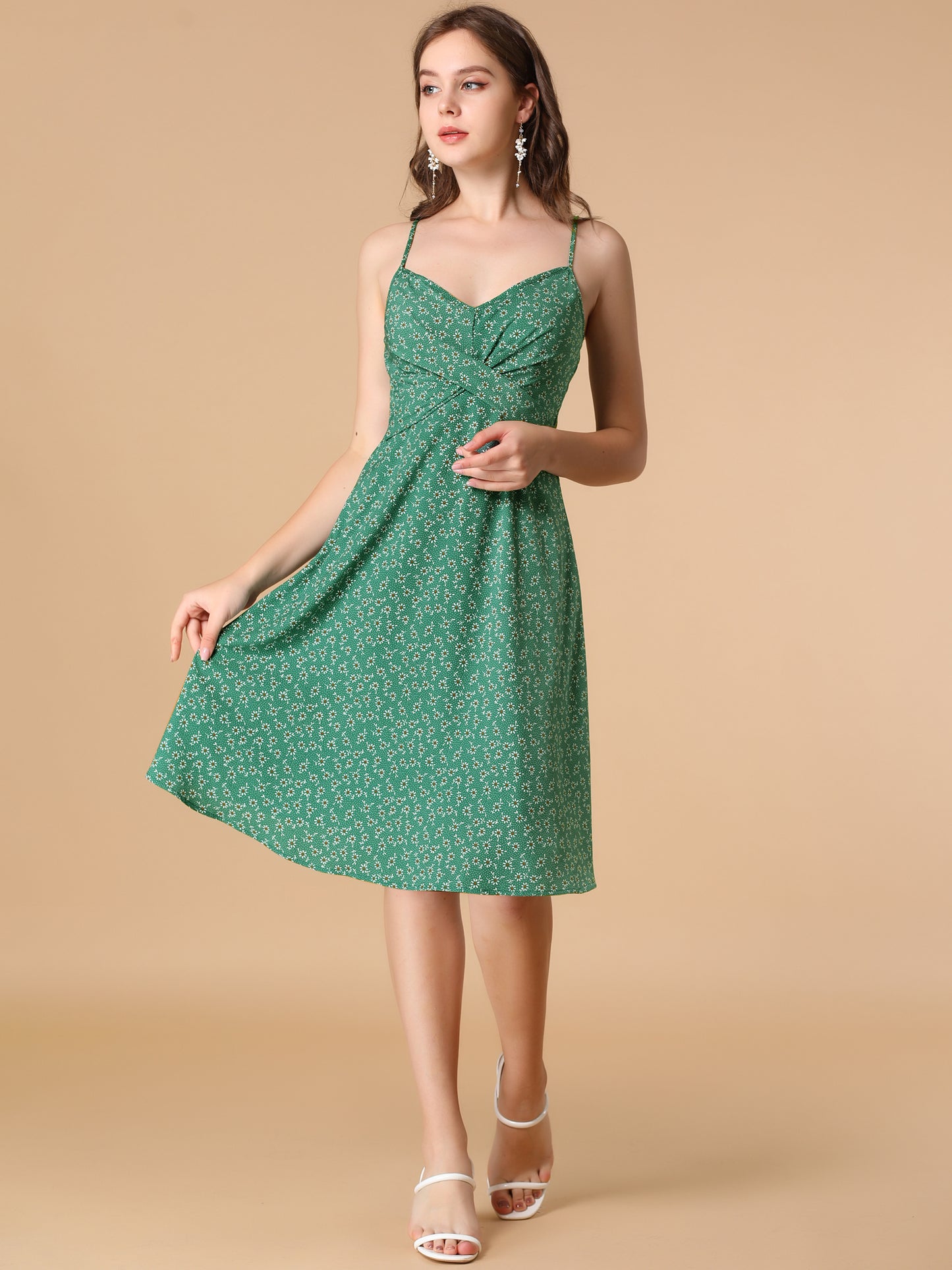 Women's Floral Twist Front Knee Length Adjustable Strap Summer Dress