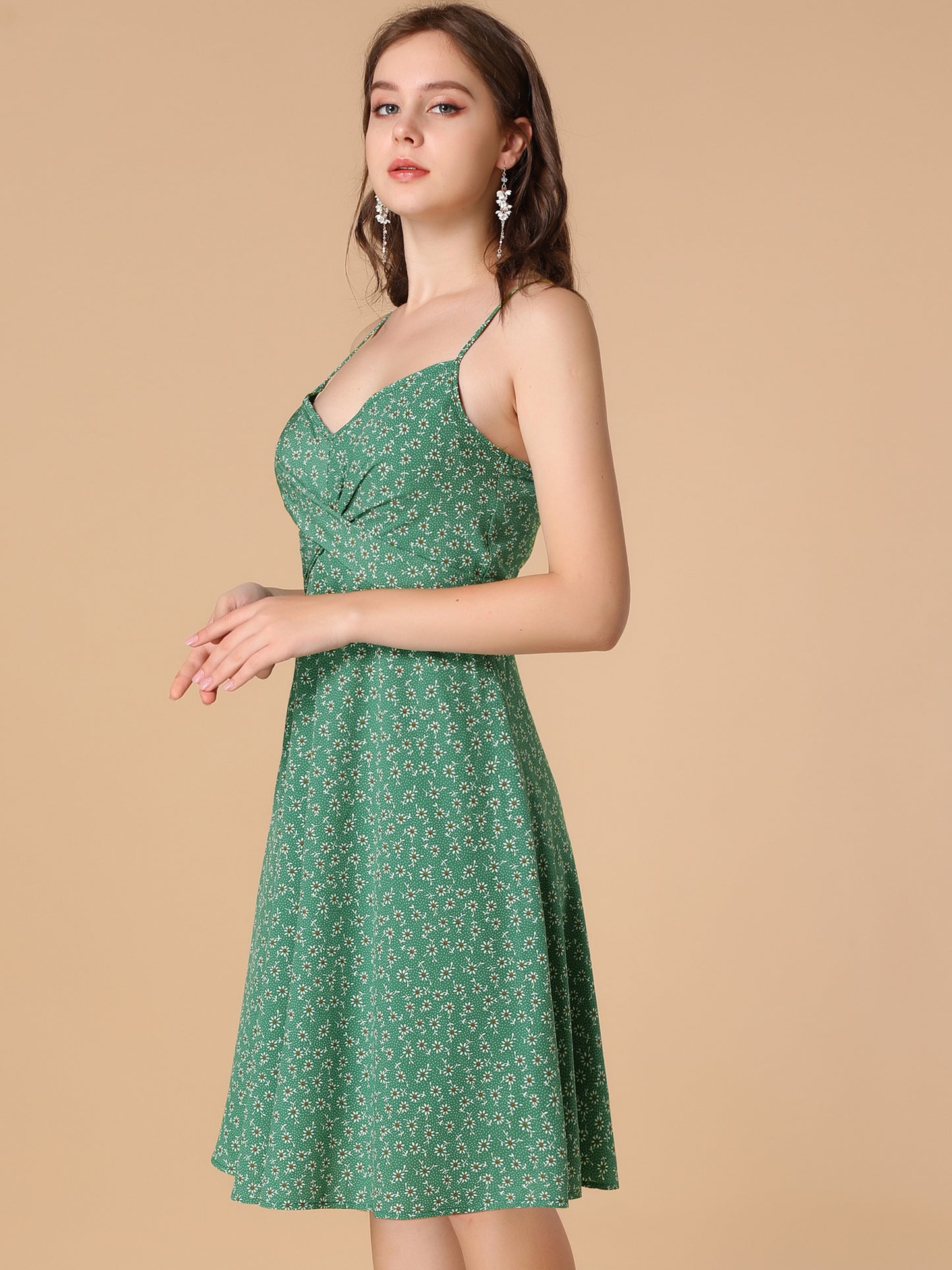 Women's Floral Twist Front Knee Length Adjustable Strap Summer Dress