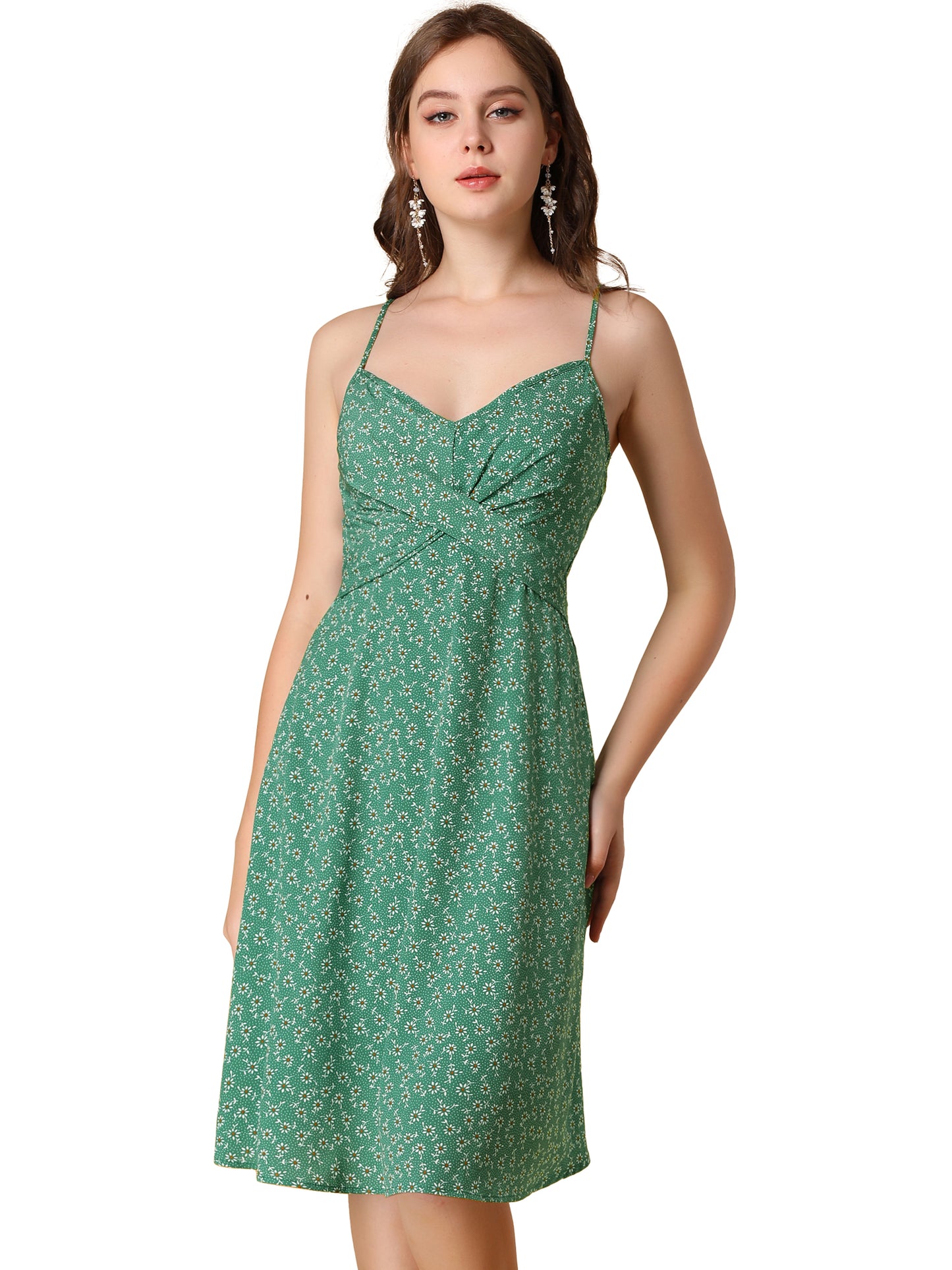 Women's Floral Twist Front Knee Length Adjustable Strap Summer Dress