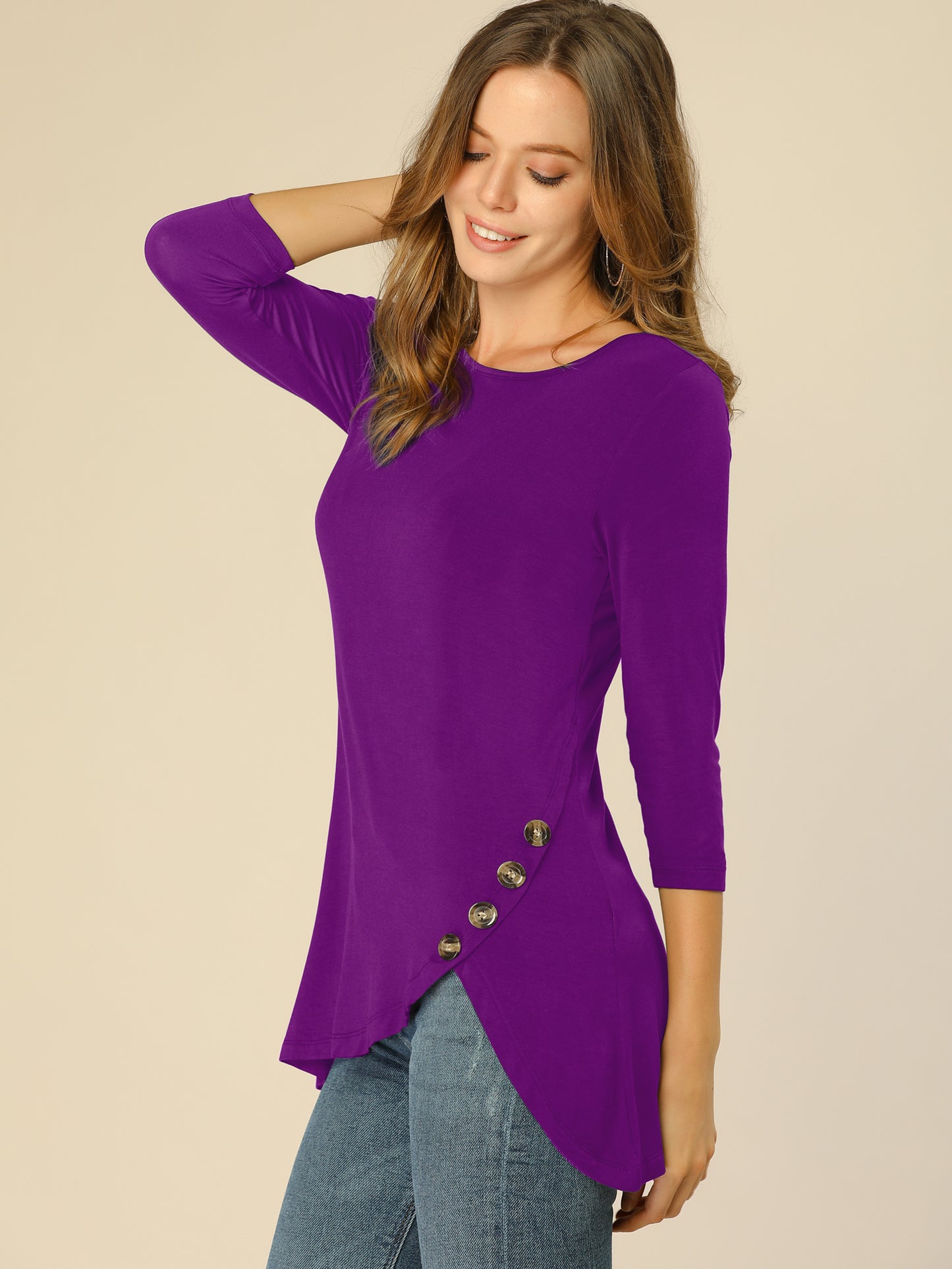 Women's Tunic T-shirt Loose Asymmetry Hem 3/4 Sleeve Round Neck Casual Basic Top (Available in Plus Size)
