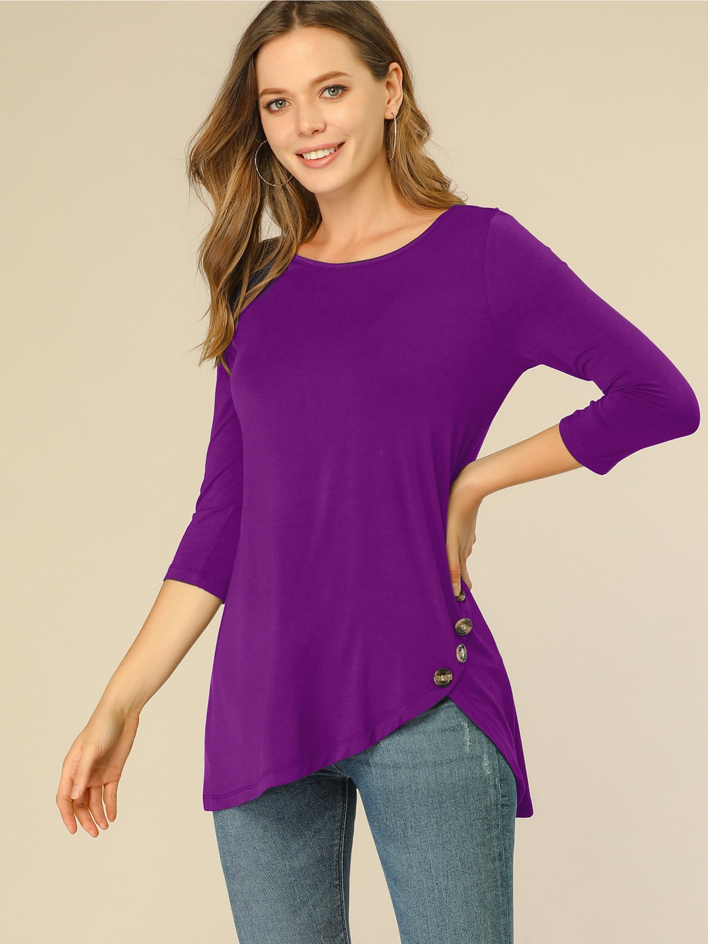 Women's Tunic T-shirt Loose Asymmetry Hem 3/4 Sleeve Round Neck Casual Basic Top (Available in Plus Size)