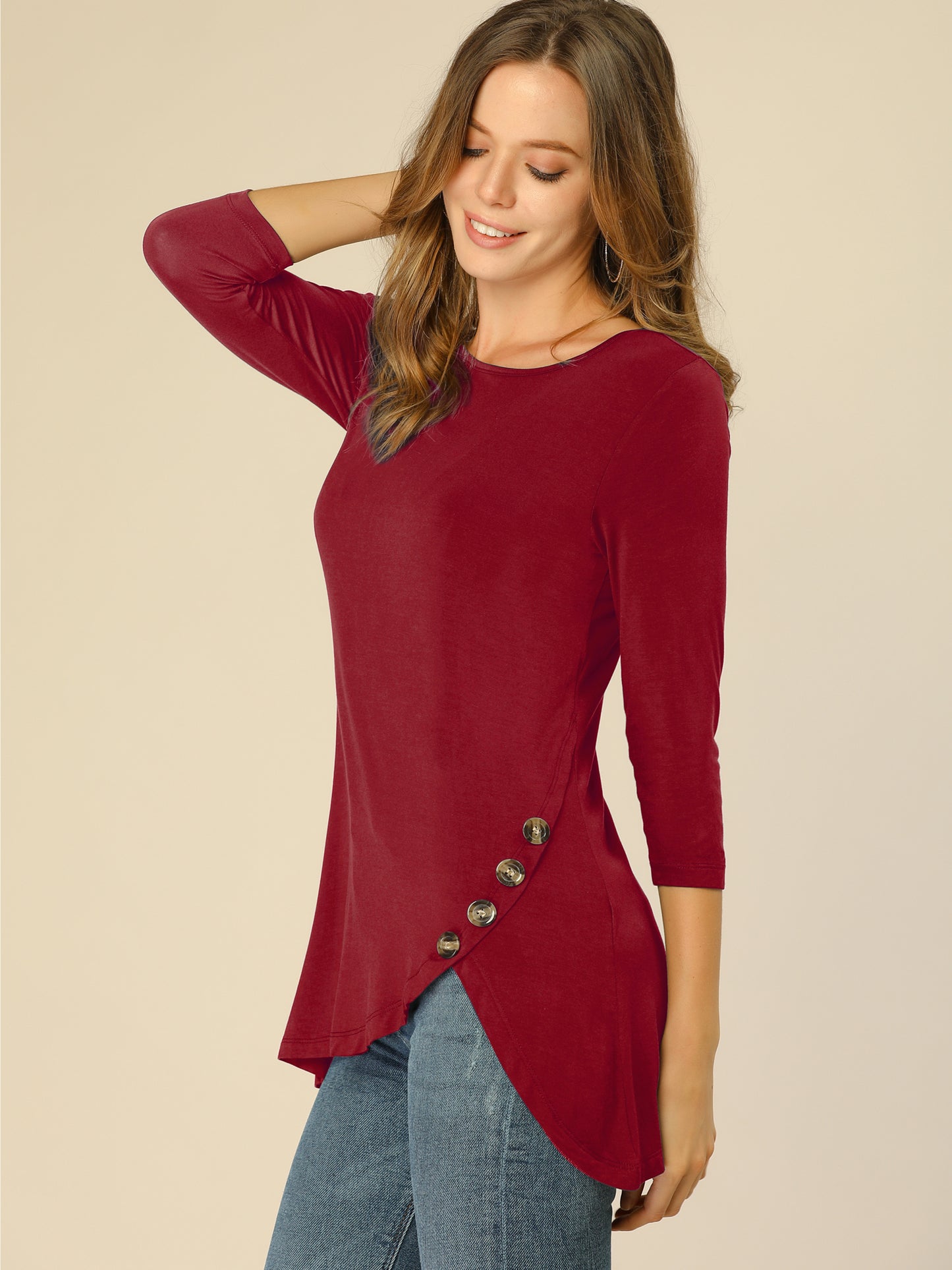 Women's Tunic T-shirt Loose Asymmetry Hem 3/4 Sleeve Round Neck Casual Basic Top (Available in Plus Size)