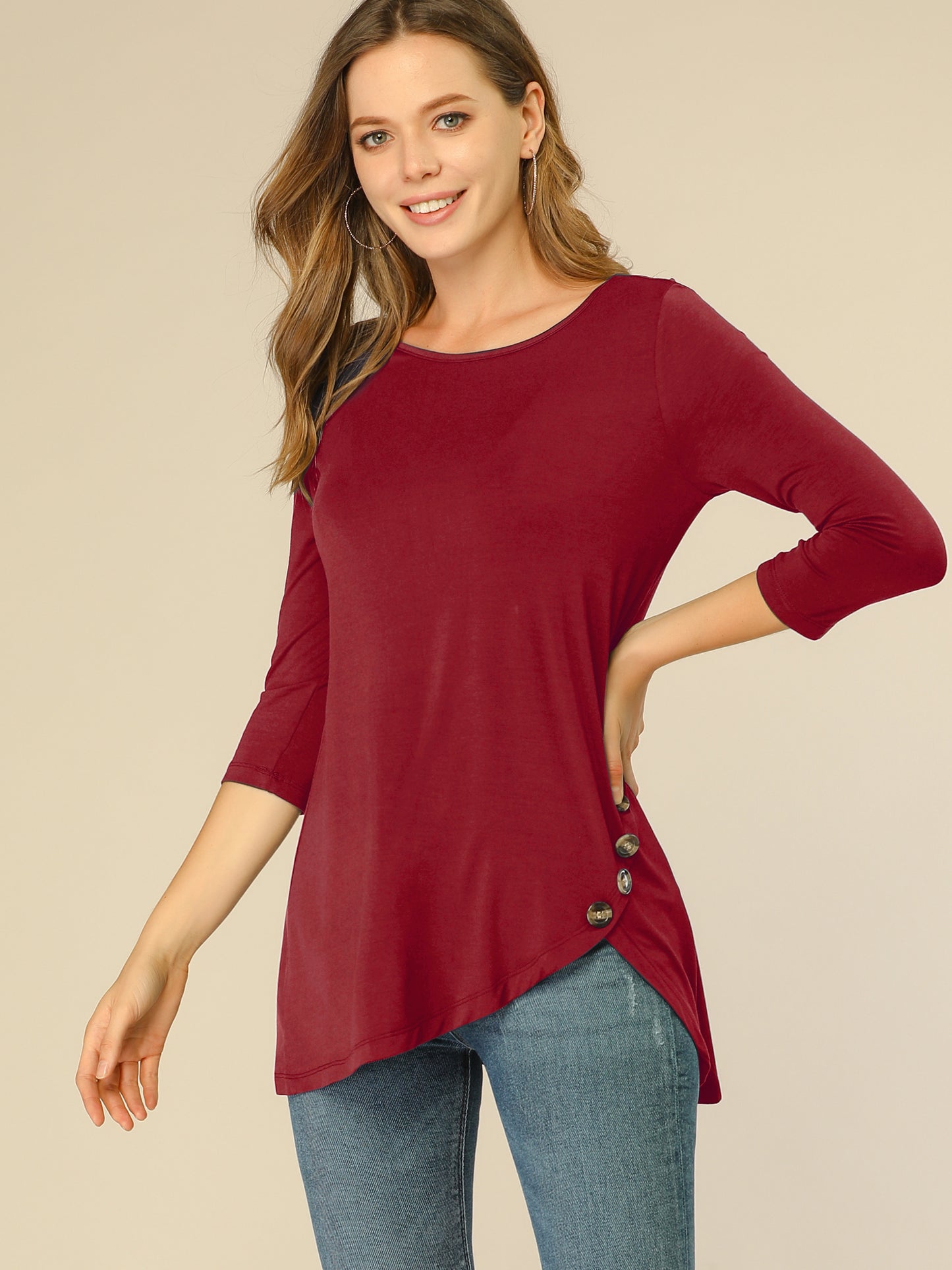 Women's Tunic T-shirt Loose Asymmetry Hem 3/4 Sleeve Round Neck Casual Basic Top (Available in Plus Size)