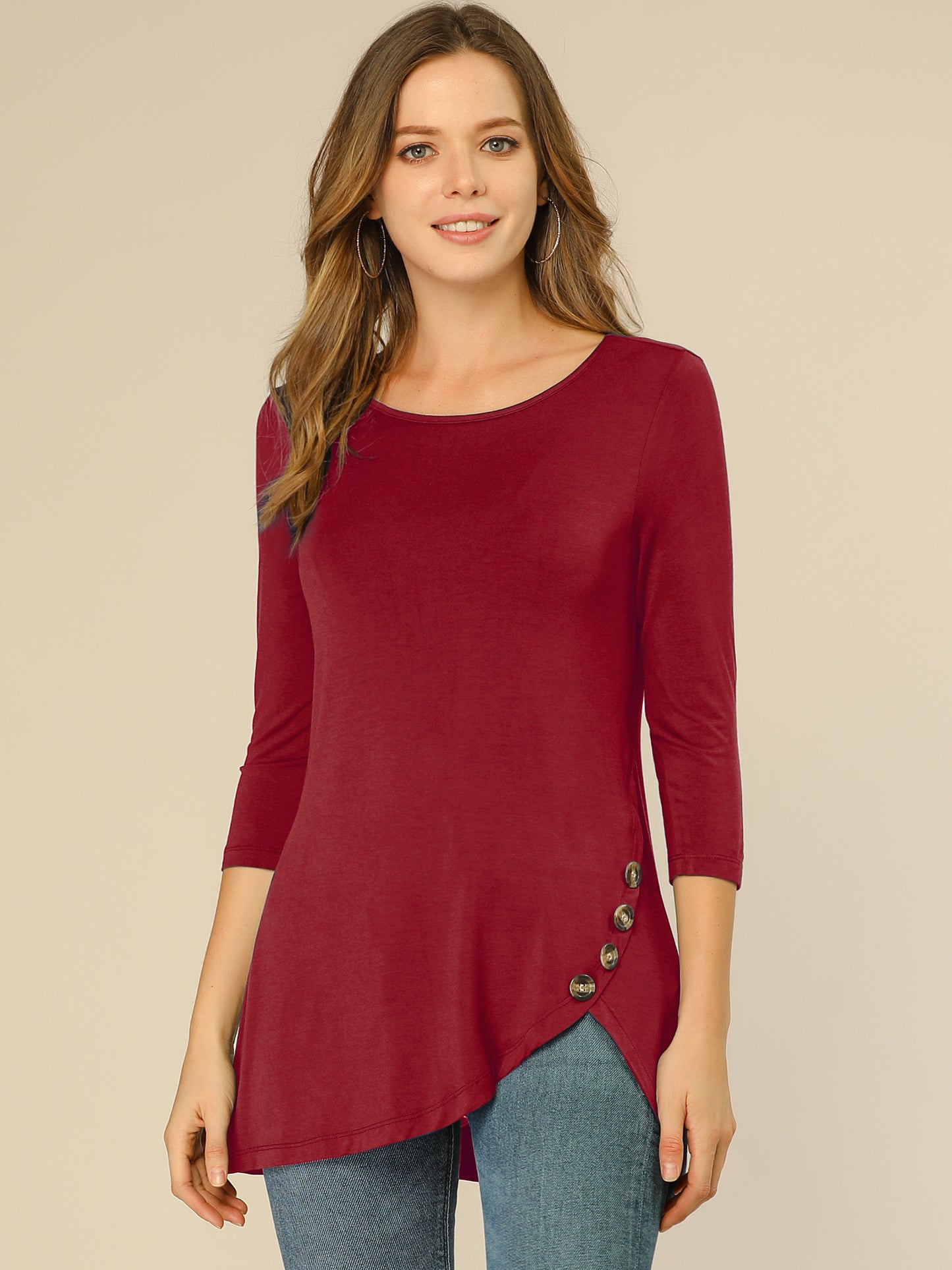 Women's Tunic T-shirt Loose Asymmetry Hem 3/4 Sleeve Round Neck Casual Basic Top (Available in Plus Size)