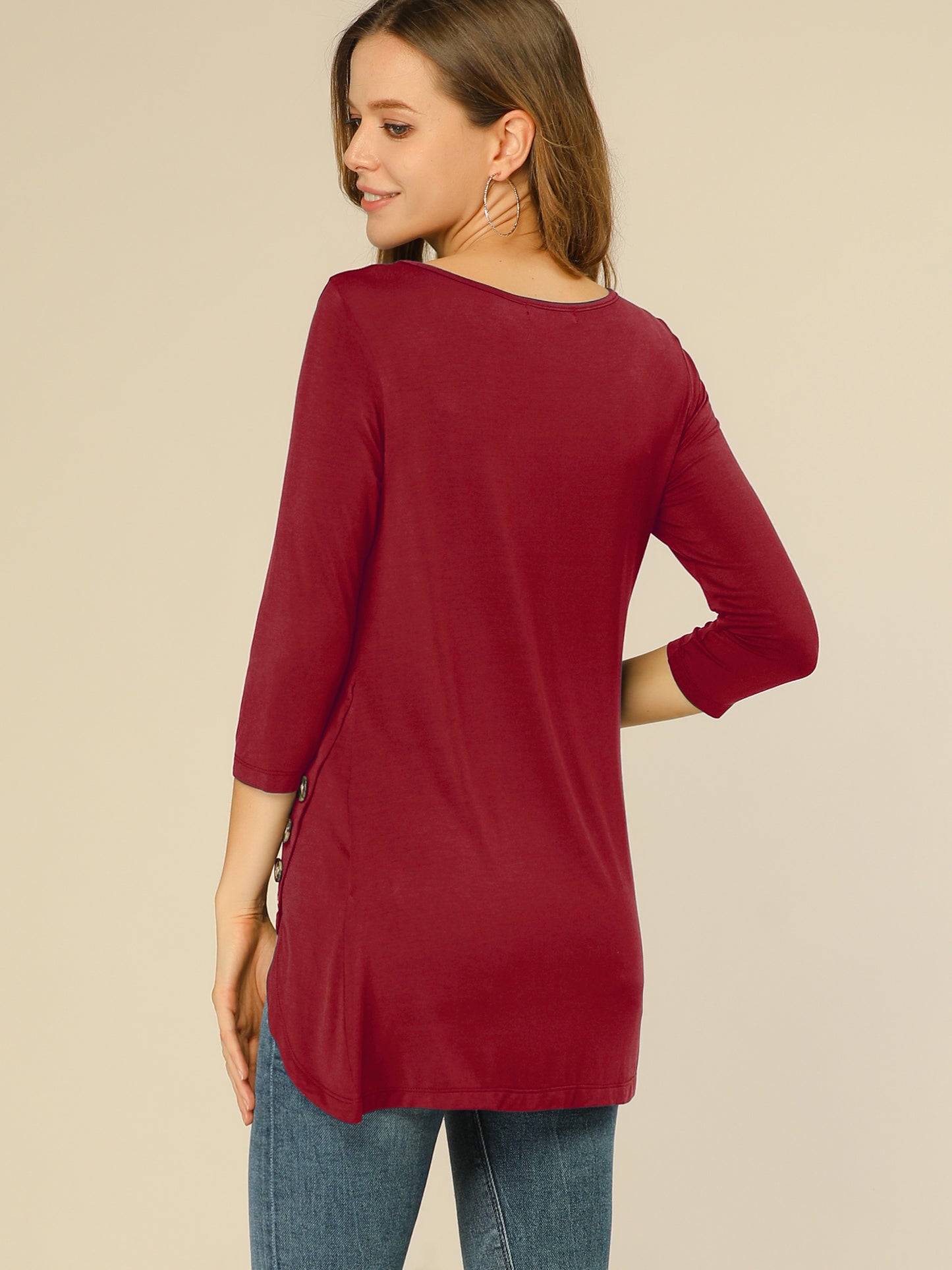 Women's Tunic T-shirt Loose Asymmetry Hem 3/4 Sleeve Round Neck Casual Basic Top (Available in Plus Size)