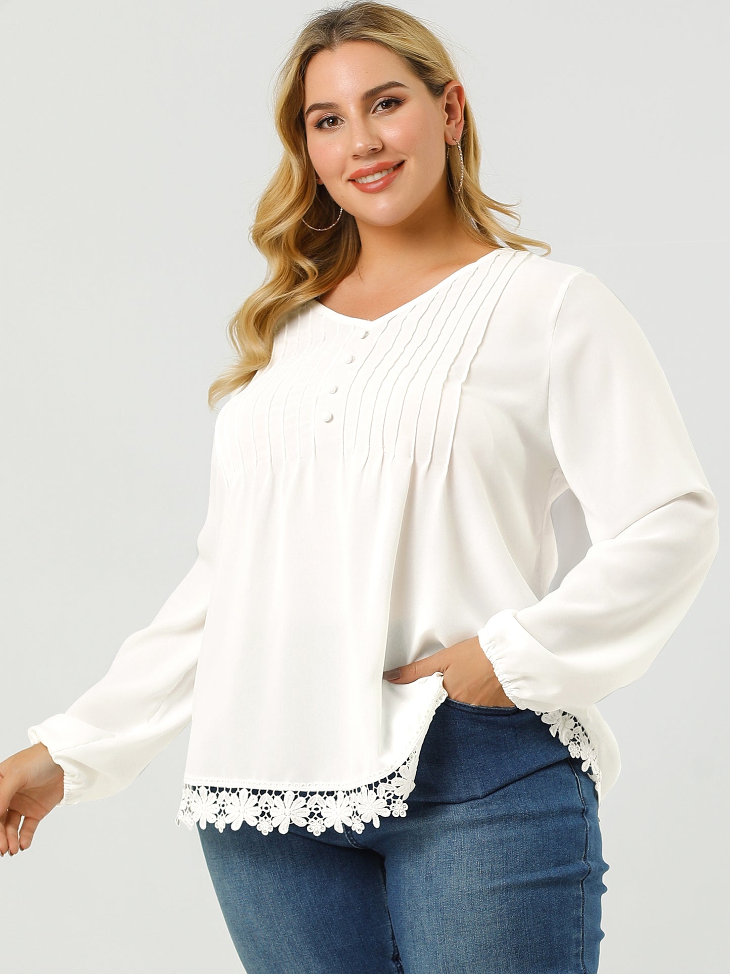 Women's Plus Size Top Casual Long Sleeves Pleated Lace Hollow Chiffon Blouse