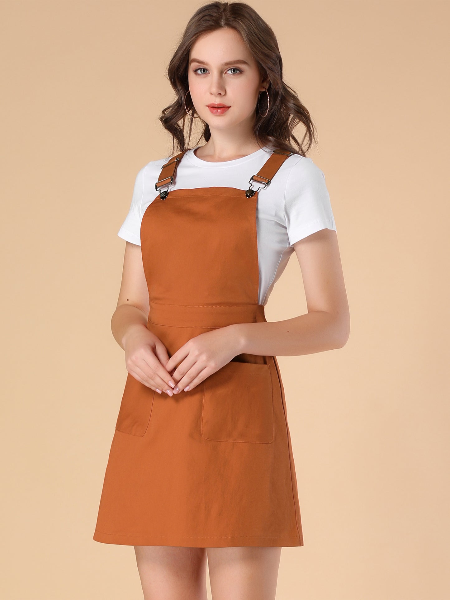 Women's Adjustable Strap Suspender Skirt with Pocket A-Line Pinafore Overall Dress