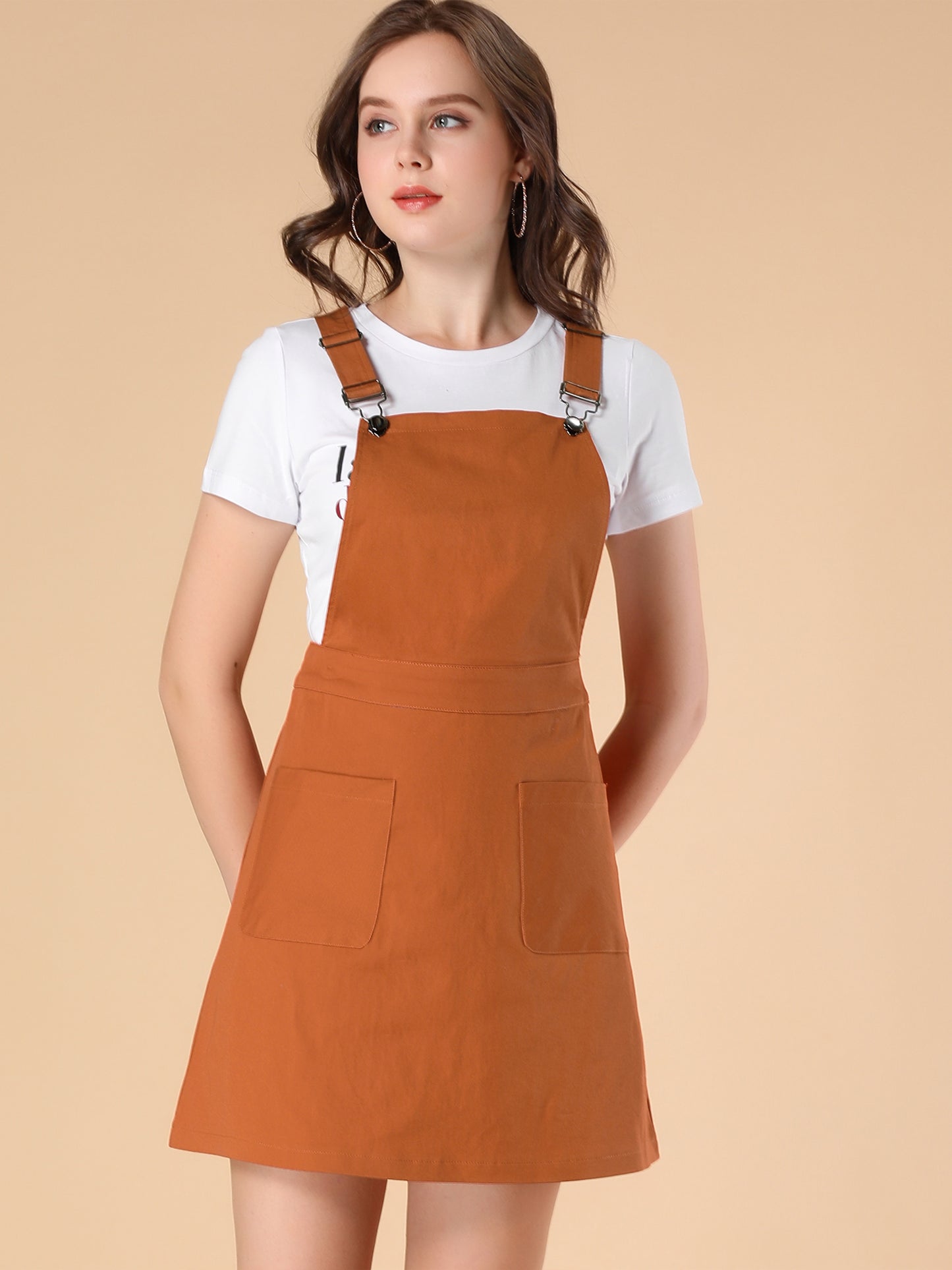 Women's Adjustable Strap Suspender Skirt with Pocket A-Line Pinafore Overall Dress