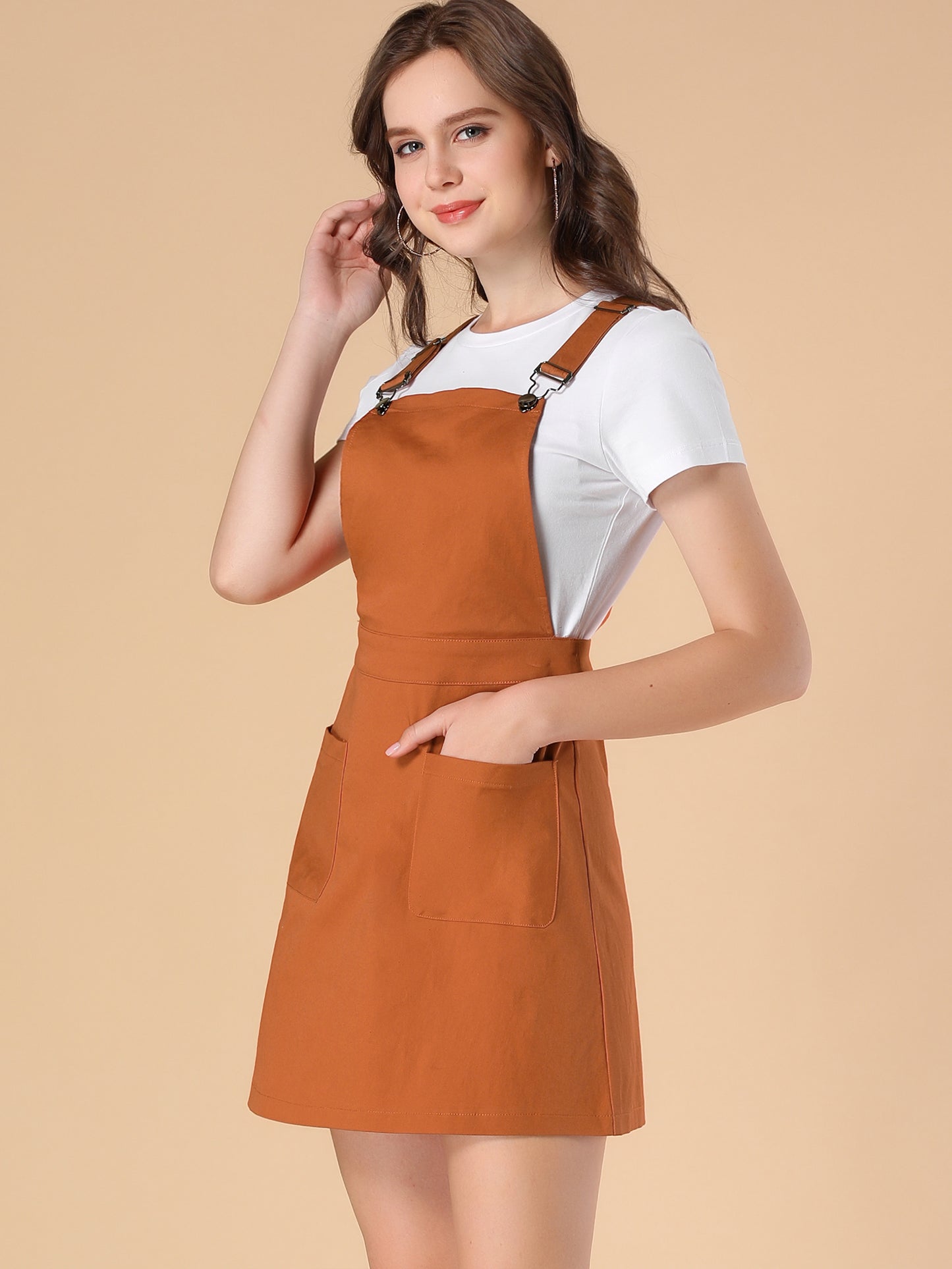Women's Adjustable Strap Suspender Skirt with Pocket A-Line Pinafore Overall Dress