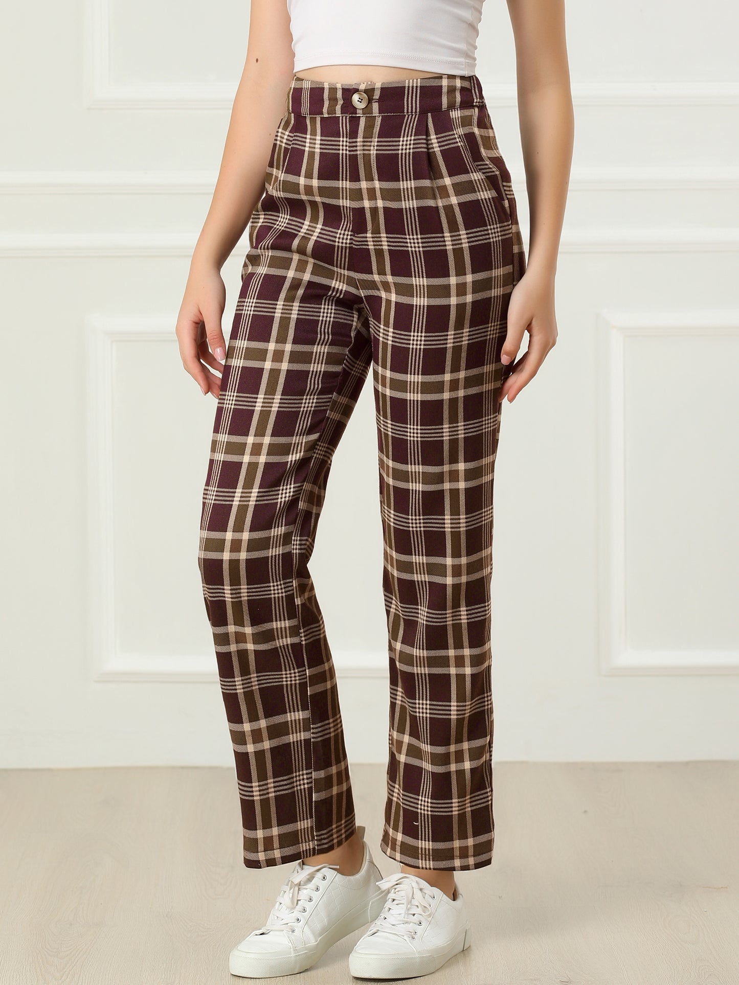 Women's Plaid Pants Elastic Waist Casual Work Office Long Trousers