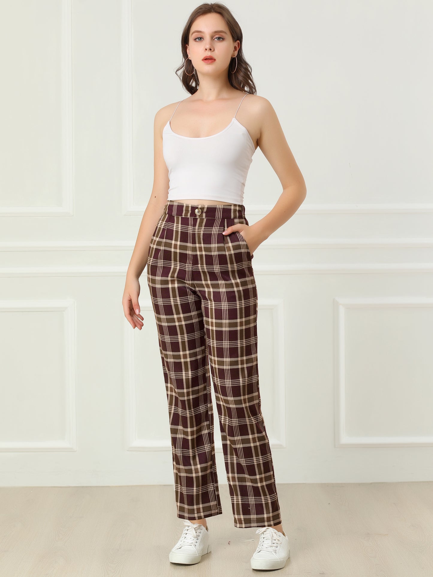 Women's Plaid Pants Elastic Waist Casual Work Office Long Trousers