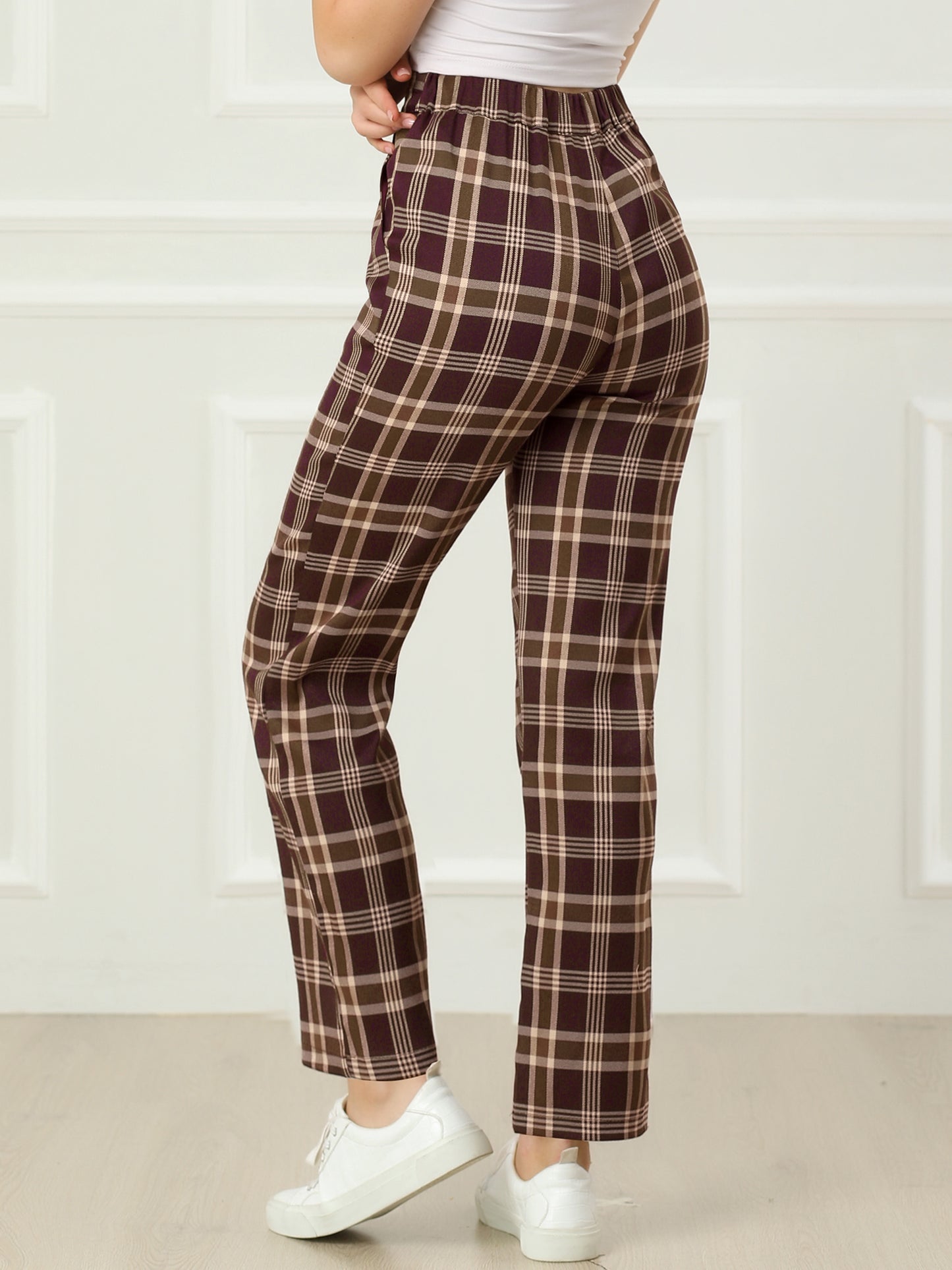 Women's Plaid Pants Elastic Waist Casual Work Office Long Trousers