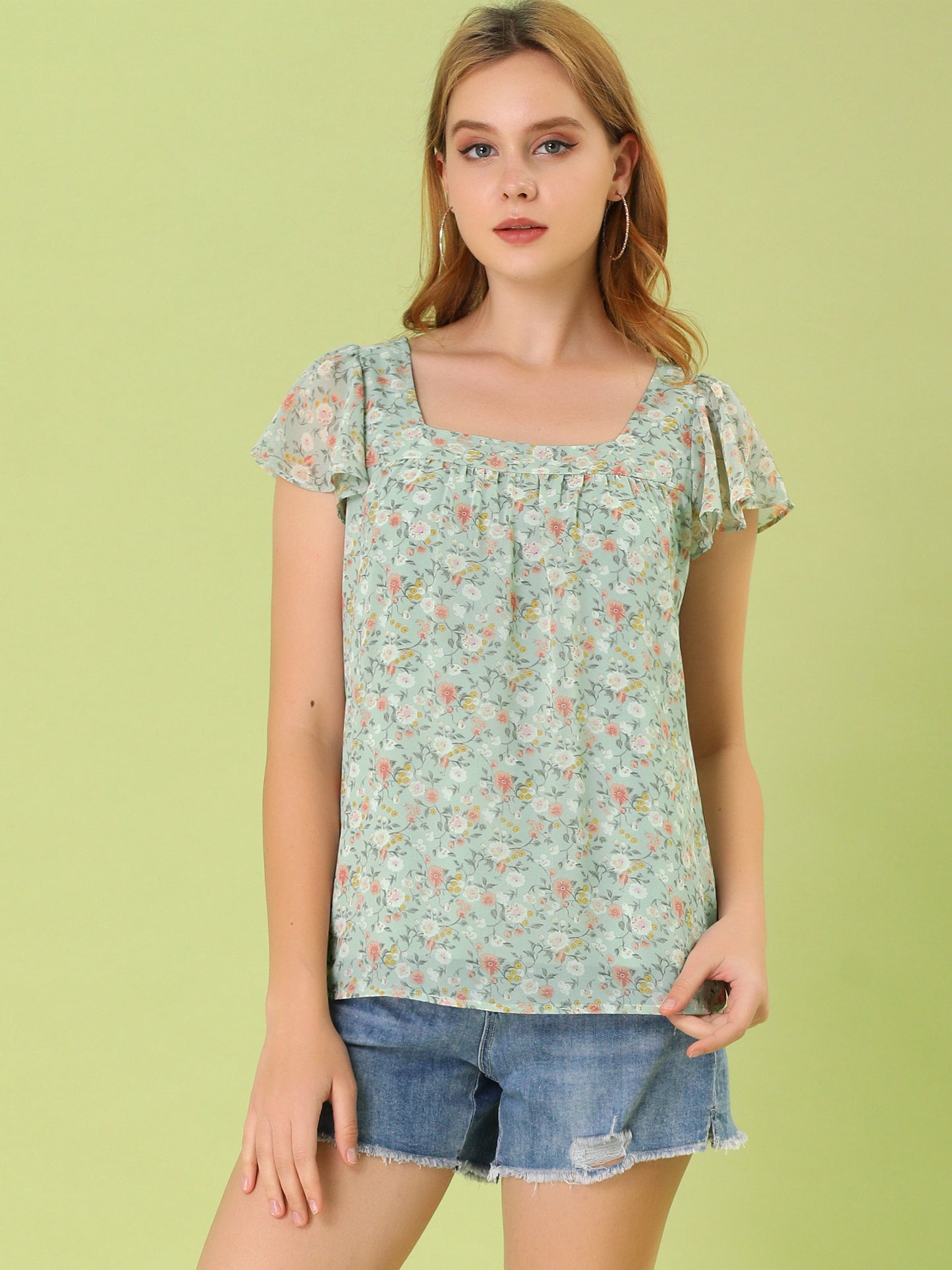 Women's Floral Blouse Summer Casual Square Neck Chiffon Short Sleeve Ruffle Top (Available in Plus Size)