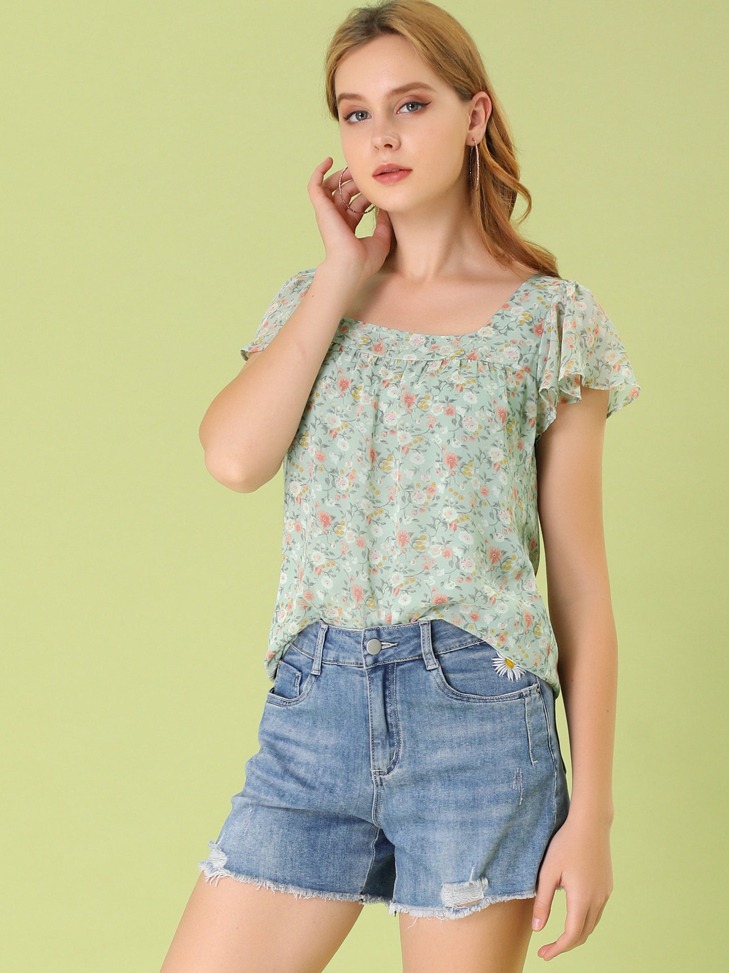Women's Floral Blouse Summer Casual Square Neck Chiffon Short Sleeve Ruffle Top (Available in Plus Size)